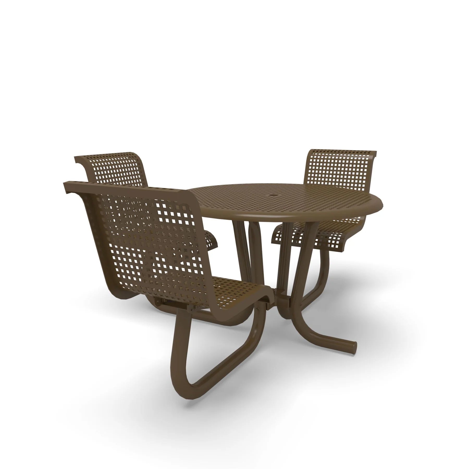 Brown Wabash Valley Camino Round Dining Table, ADA Accessible, perforated plastisol top, three seats with backs, wheelchair side, surface mount, model CM230Q, ada dining table