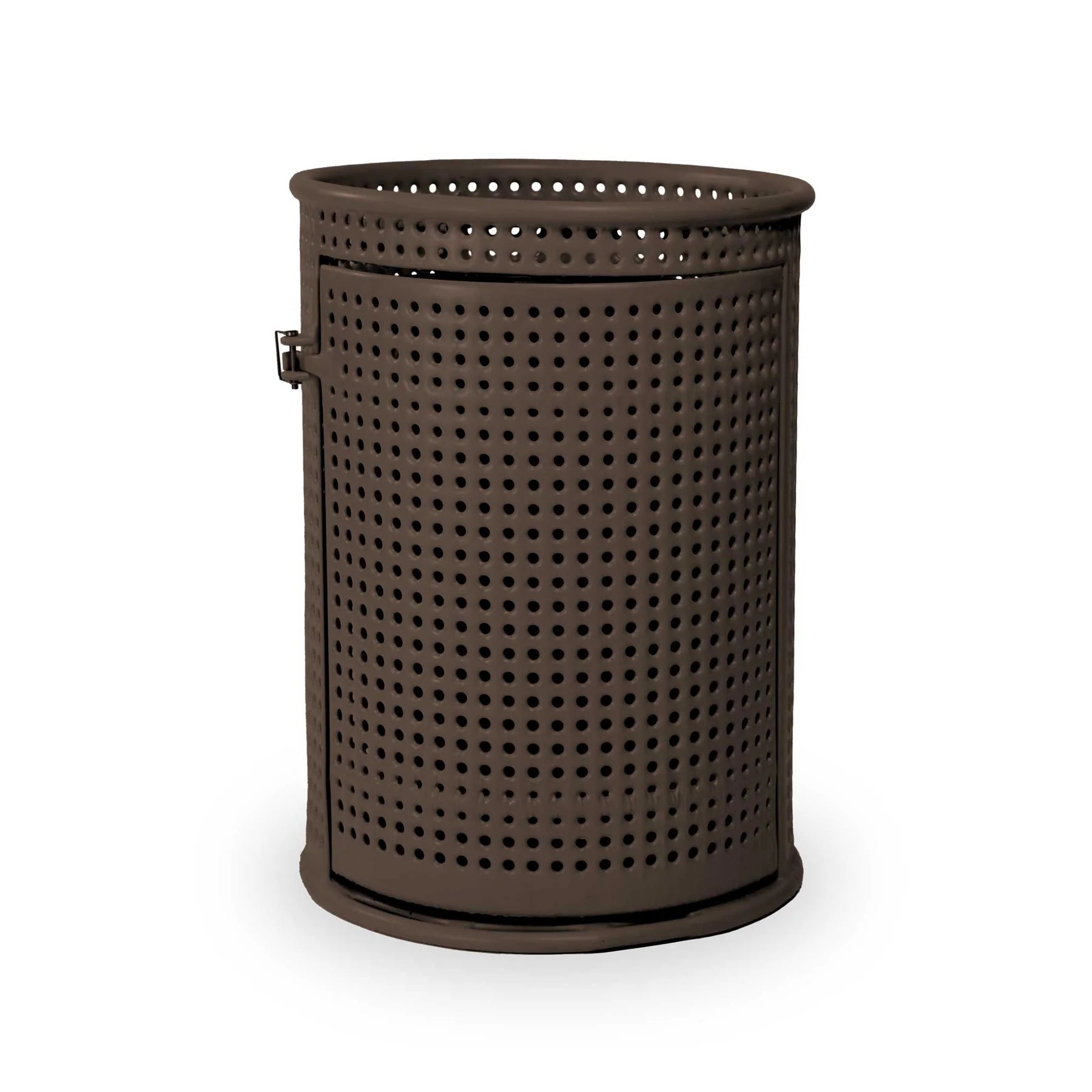 Brown Wabash Valley Commercial Trash Receptacle w/ Side Opening, perforated body with a side door, plastisol coated, model LR305P, perforated trash can