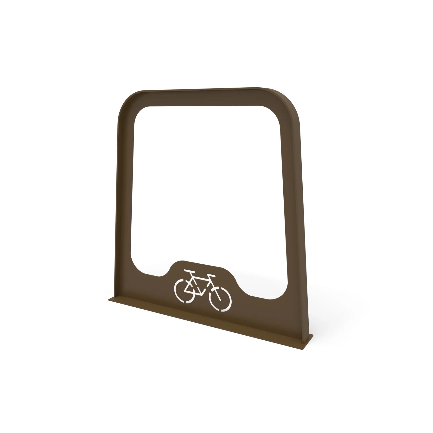 Angled view of a Brown Wabash Valley Designer bike rack, bike rack for an apartment building entrance or courtyard