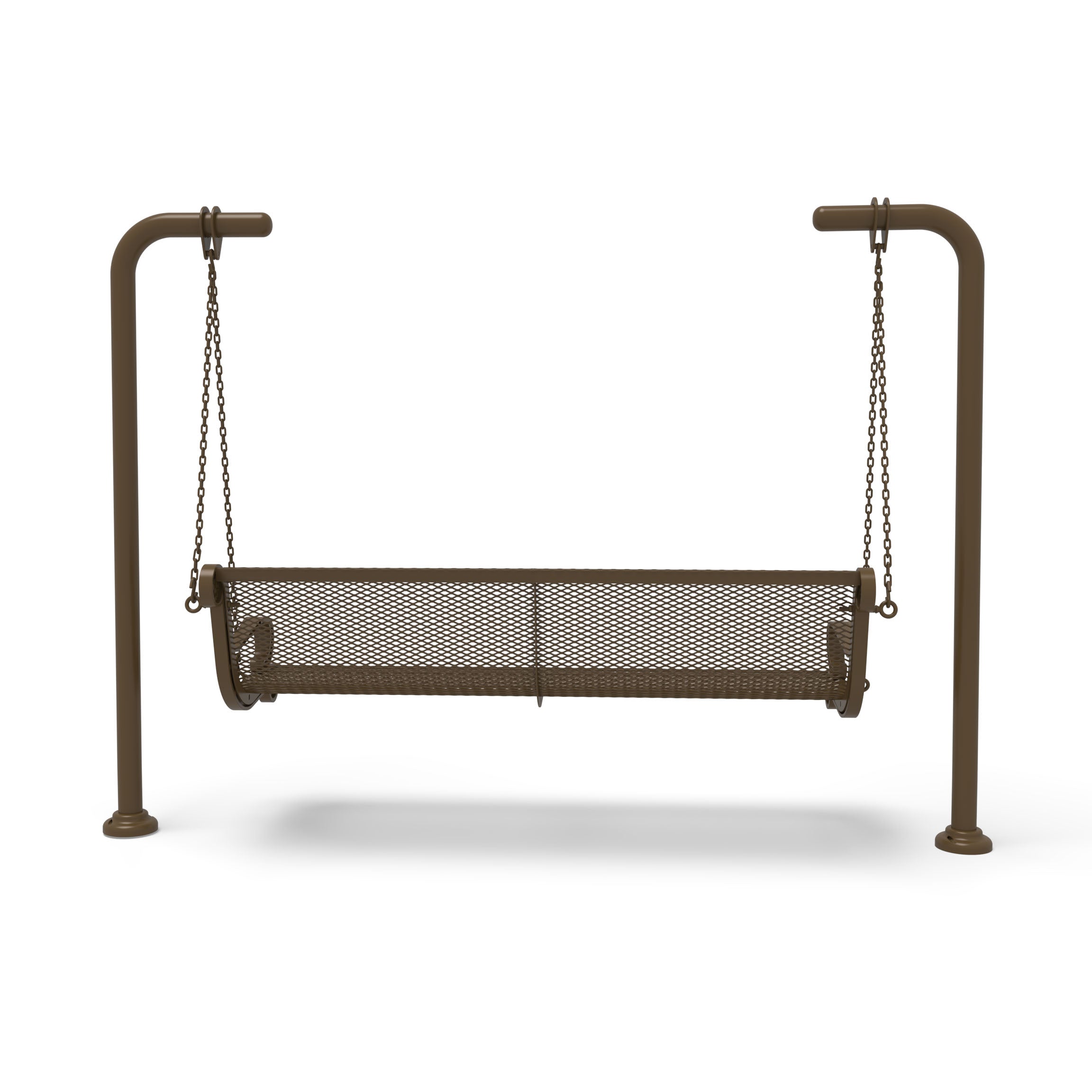Brown Wabash Valley Estate Diamond Swing Bench, back view, plastisol-coated steel seat on inground posts, commercial swing for parks and campuses