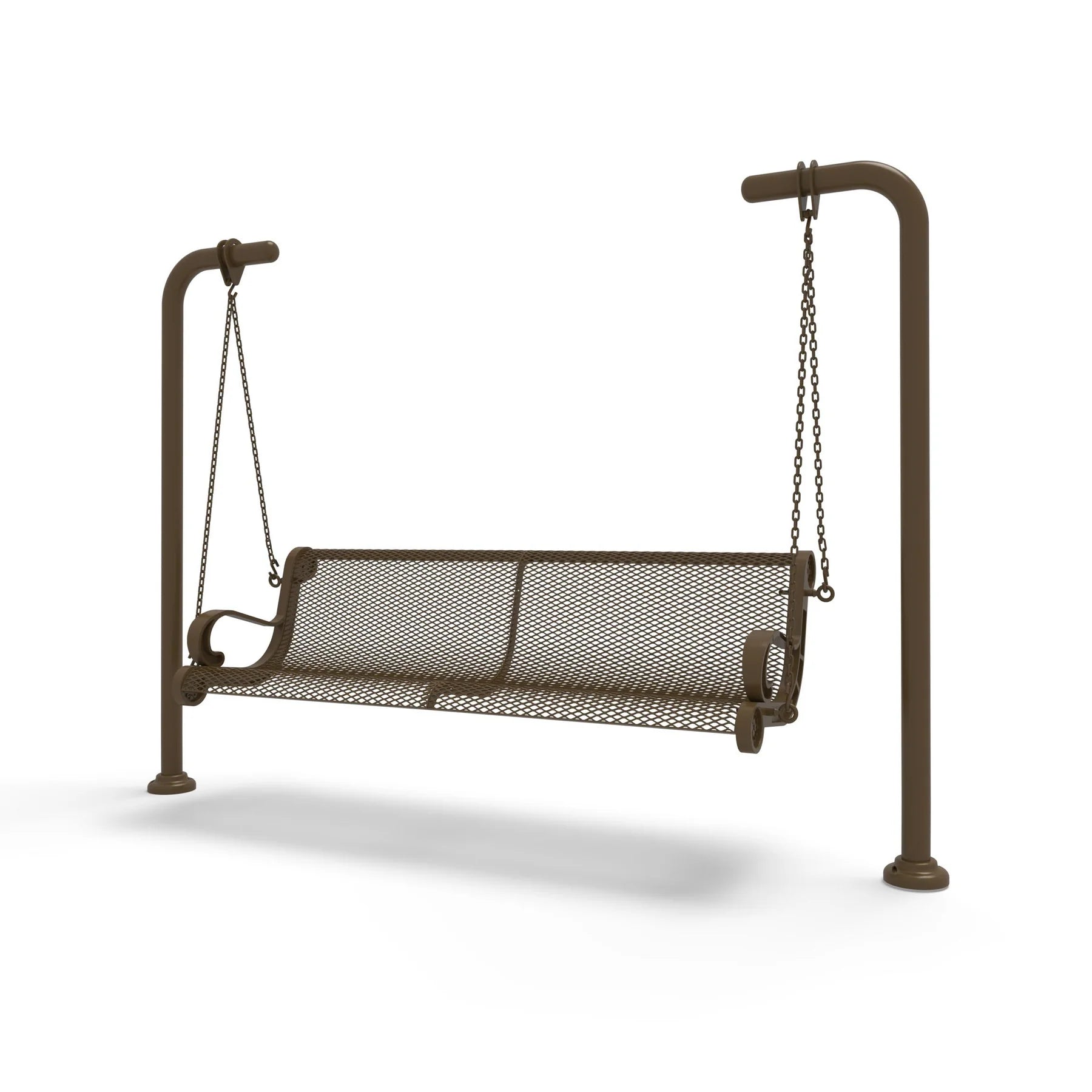 Brown Wabash Valley Estate Diamond Swing Bench, plastisol-coated steel seat on inground posts, heavy duty swing frame set in concrete