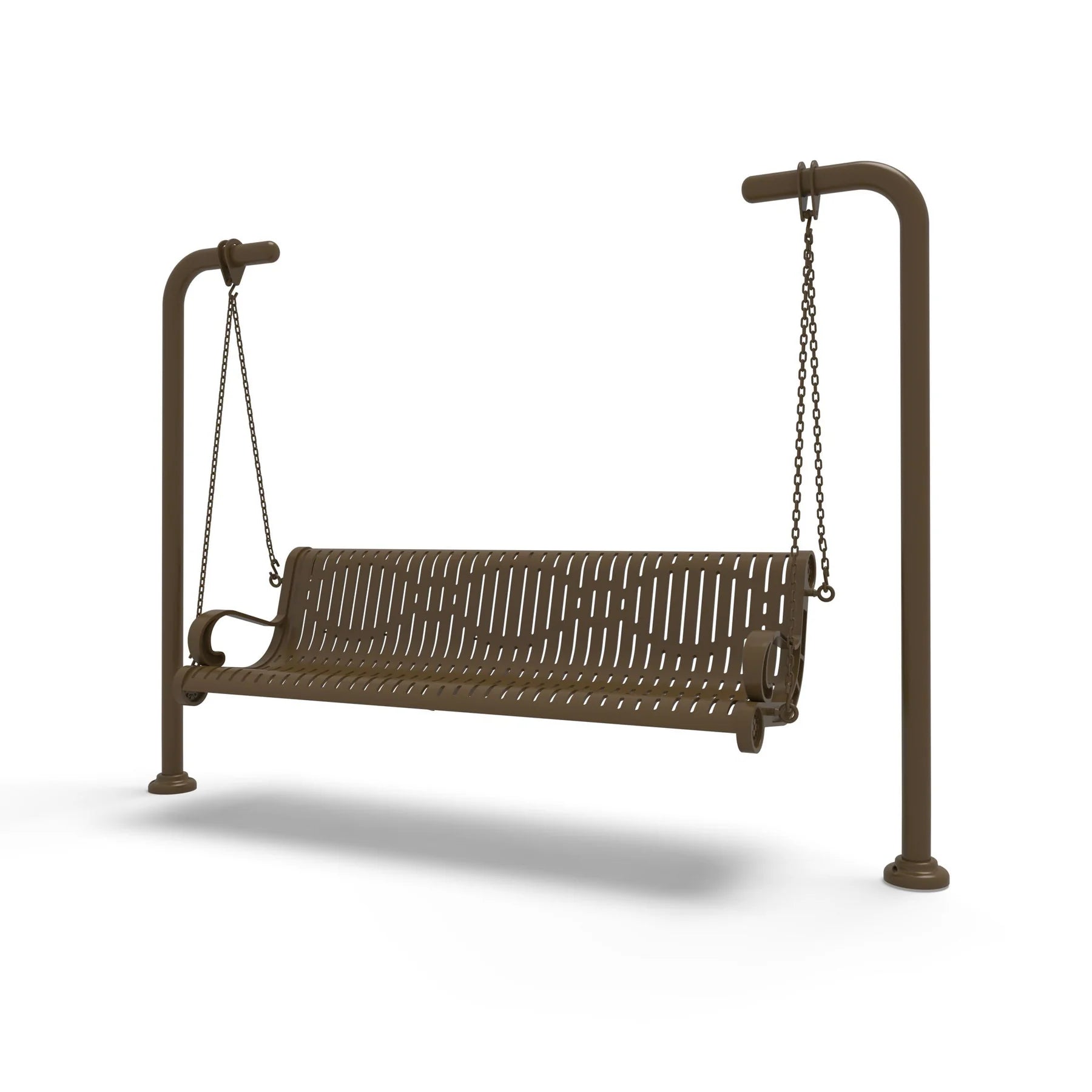 Brown Wabash Valley Estate Ribbed Swing Bench, plastisol-coated steel seat on inground posts, outdoor swing for adults
