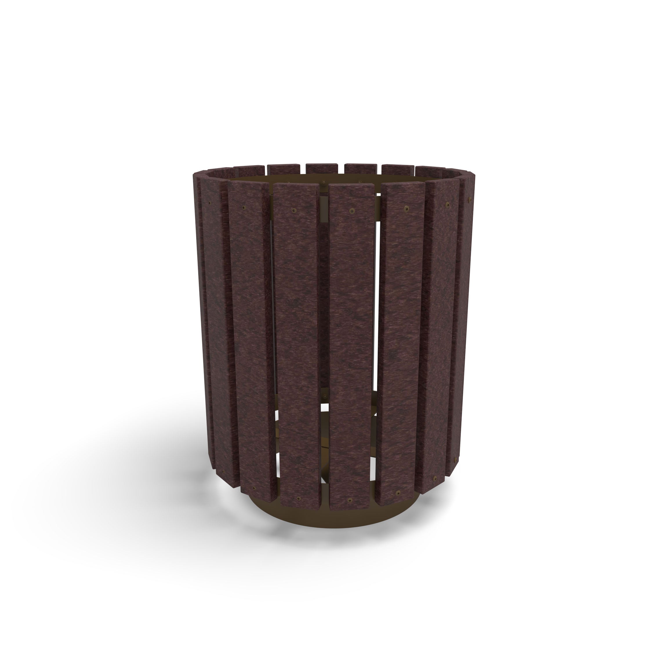 Brown Wabash Valley Rinnova Trash Receptacle, Milwaukee Brown Slats, recycled plastic planks on a brown powder-coated steel frame, model RV300G, trash can with liner