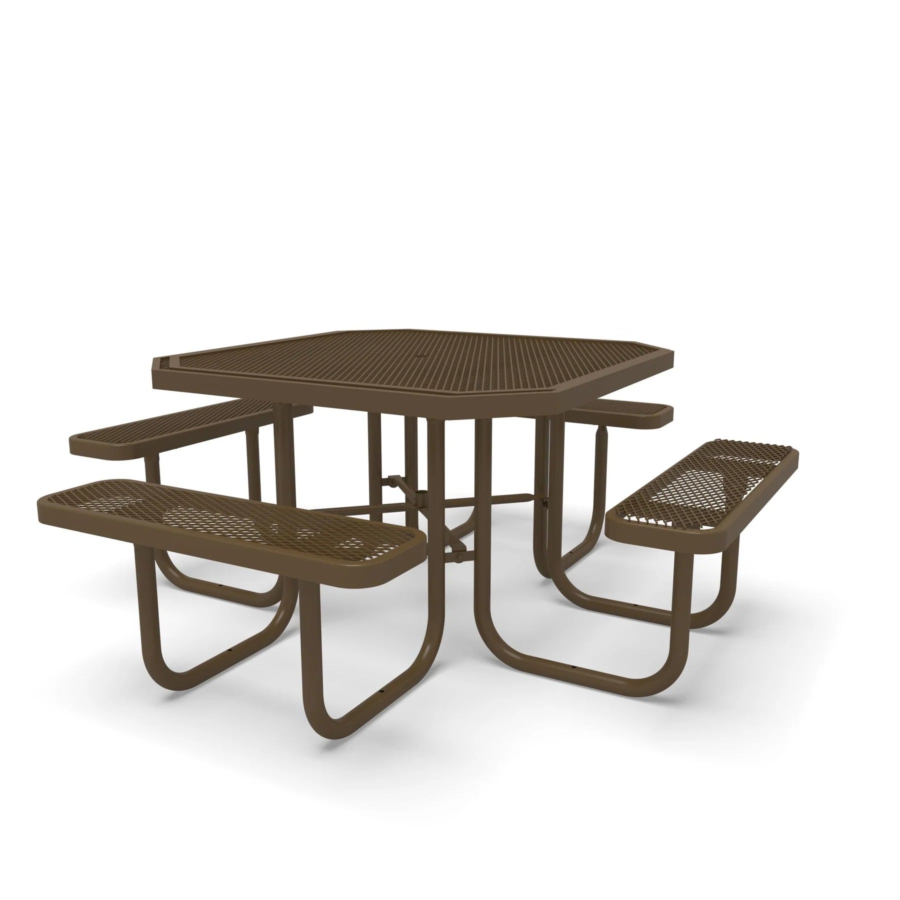 Brown Wabash Valley Signature Octagon Diamond Metal Portable Picnic Table, solid brown frame, top and seats, plastisol-coated steel, restaurant picnic table for patios
