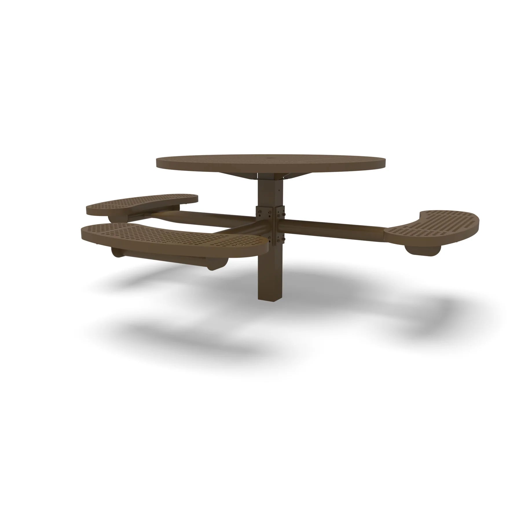 Brown Wabash Valley Signature Round Pedestal Picnic Table, Perforated, Standard - ADA Accessible - Inground, in plastisol-coated steel, model SG250P, commercial patio furniture