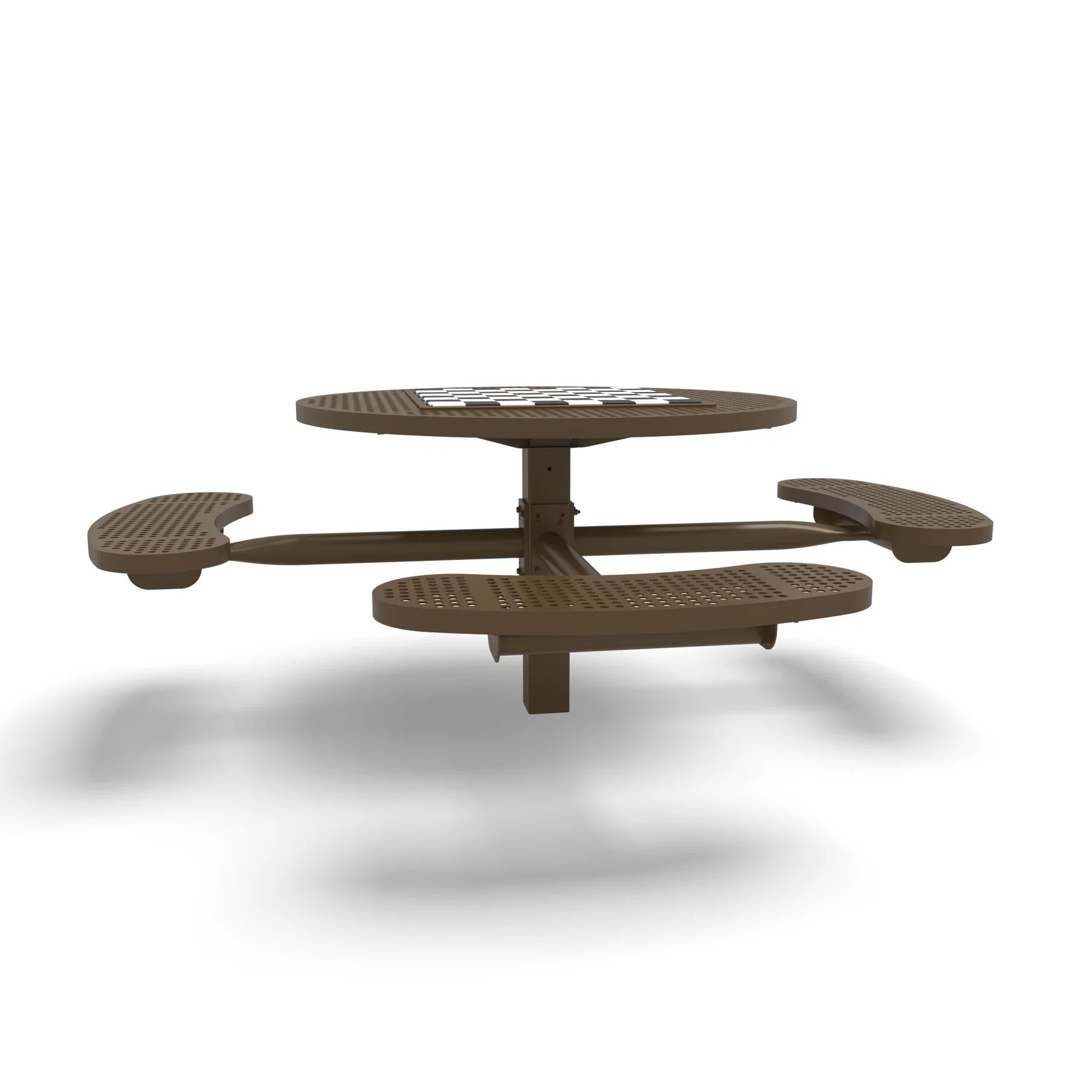Brown Wabash Valley Signature Round Pedestal Picnic Table, Perforated, Chessboard - ADA Accessible - Inground, in plastisol-coated steel, model SP215P, park chess table