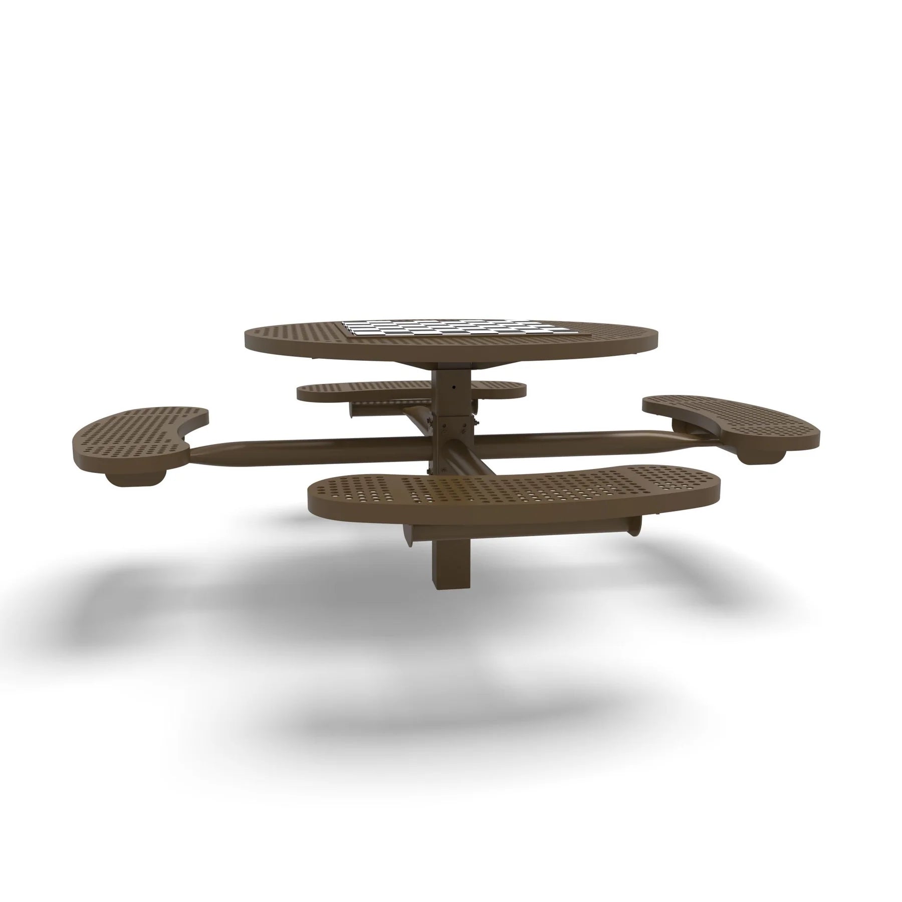 Brown Wabash Valley Signature Round Pedestal Picnic Table, Perforated, Chessboard - 4 Seats - Inground, in plastisol-coated steel, model SP210P, park chess table