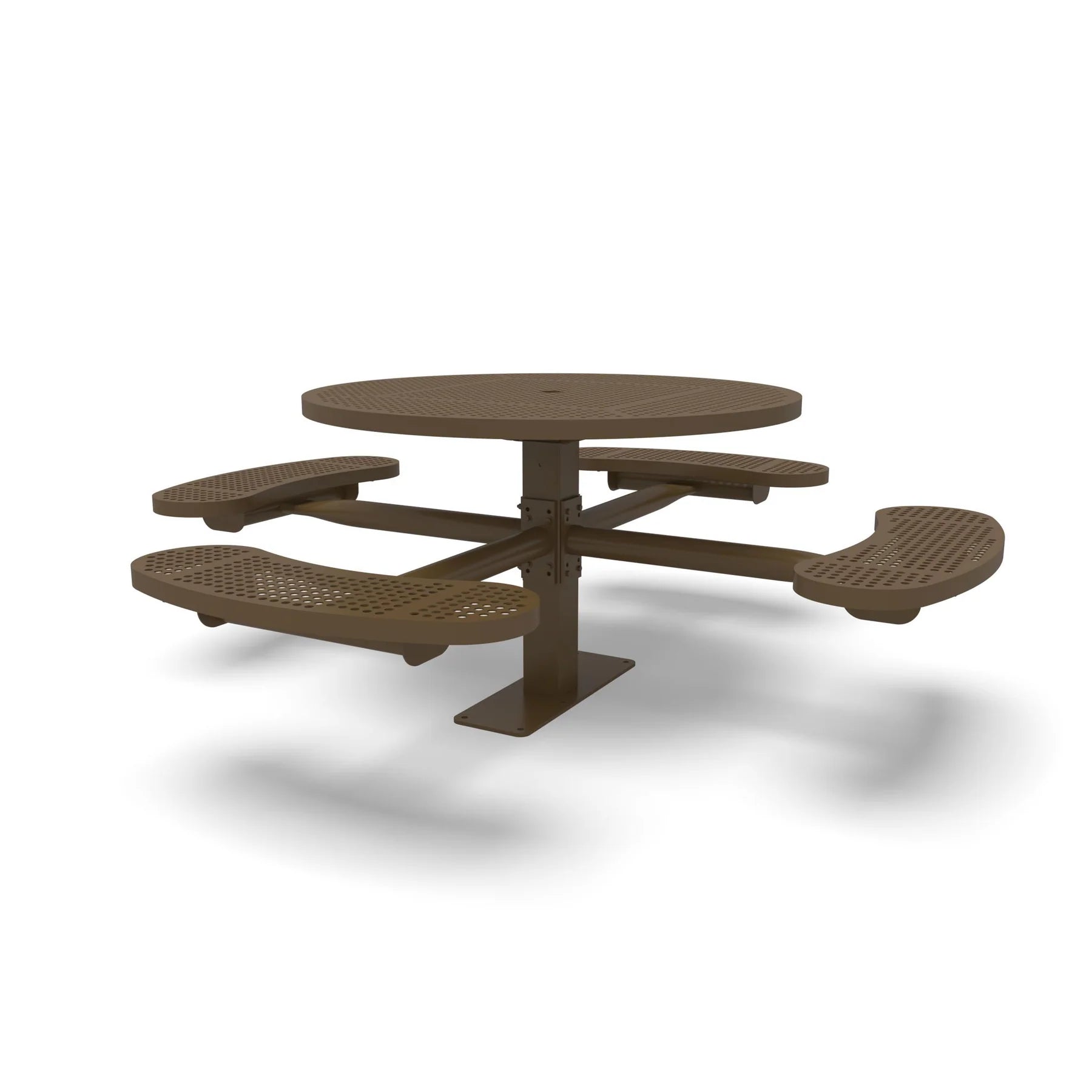 Brown Wabash Valley Signature Round Pedestal Picnic Table, Perforated, Standard - 4 Seats - Surface Mount, in plastisol-coated steel, model SG244P, outdoor cafe tables