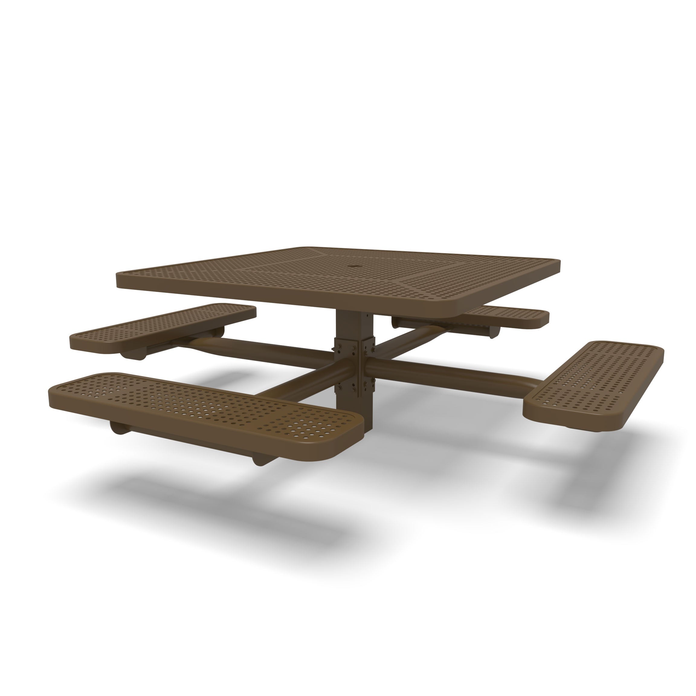 Brown Wabash Valley Signature Square Pedestal Picnic Table, Perforated, Standard - 4 Seats - Inground - 46 Inch, in plastisol-coated steel, model SG230P, square outdoor dining table