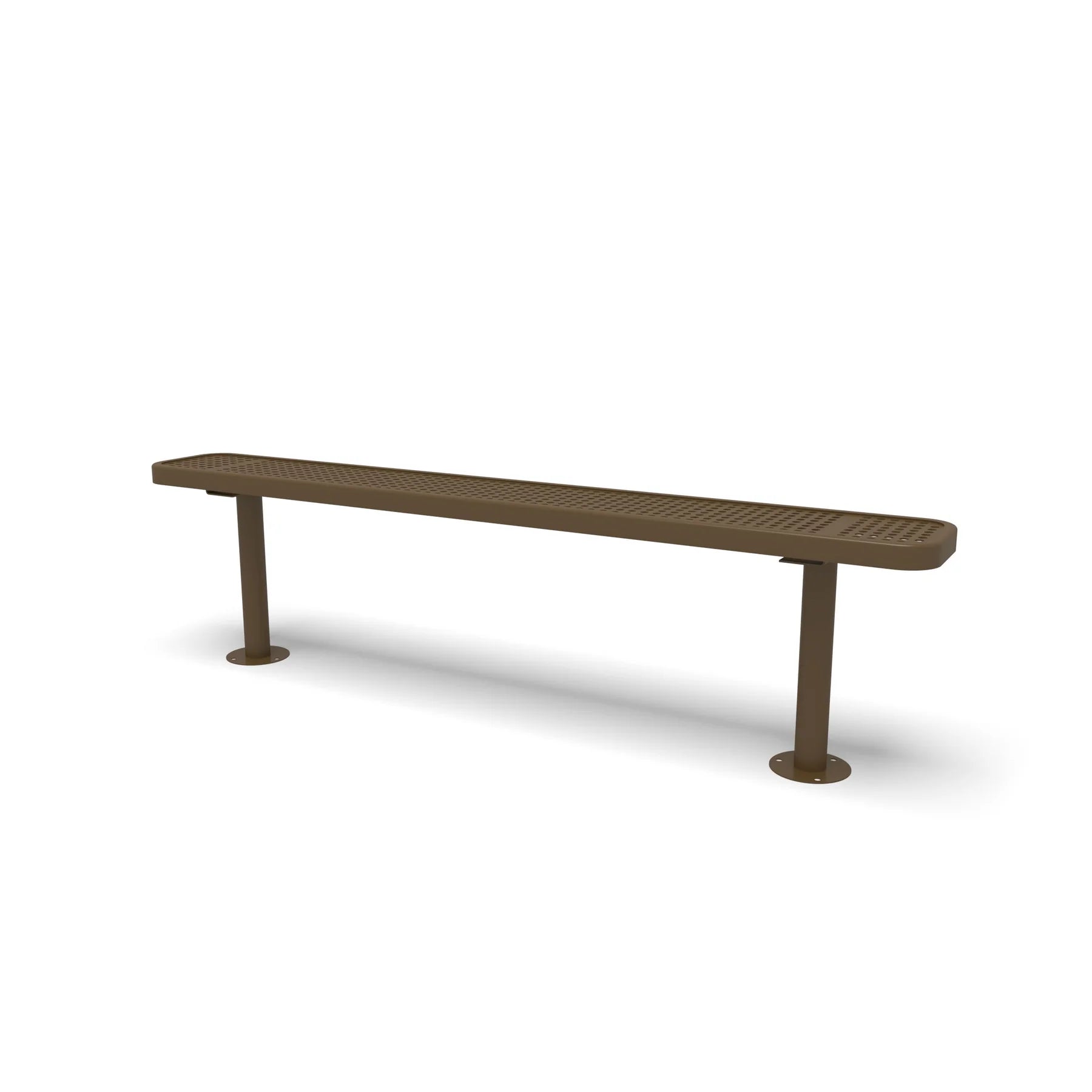 Brown Wabash Valley Signature Steel Backless Bench, Perforated, 6' Surface Mount base plates, solid brown, plastisol-coated steel, outdoor bench without back