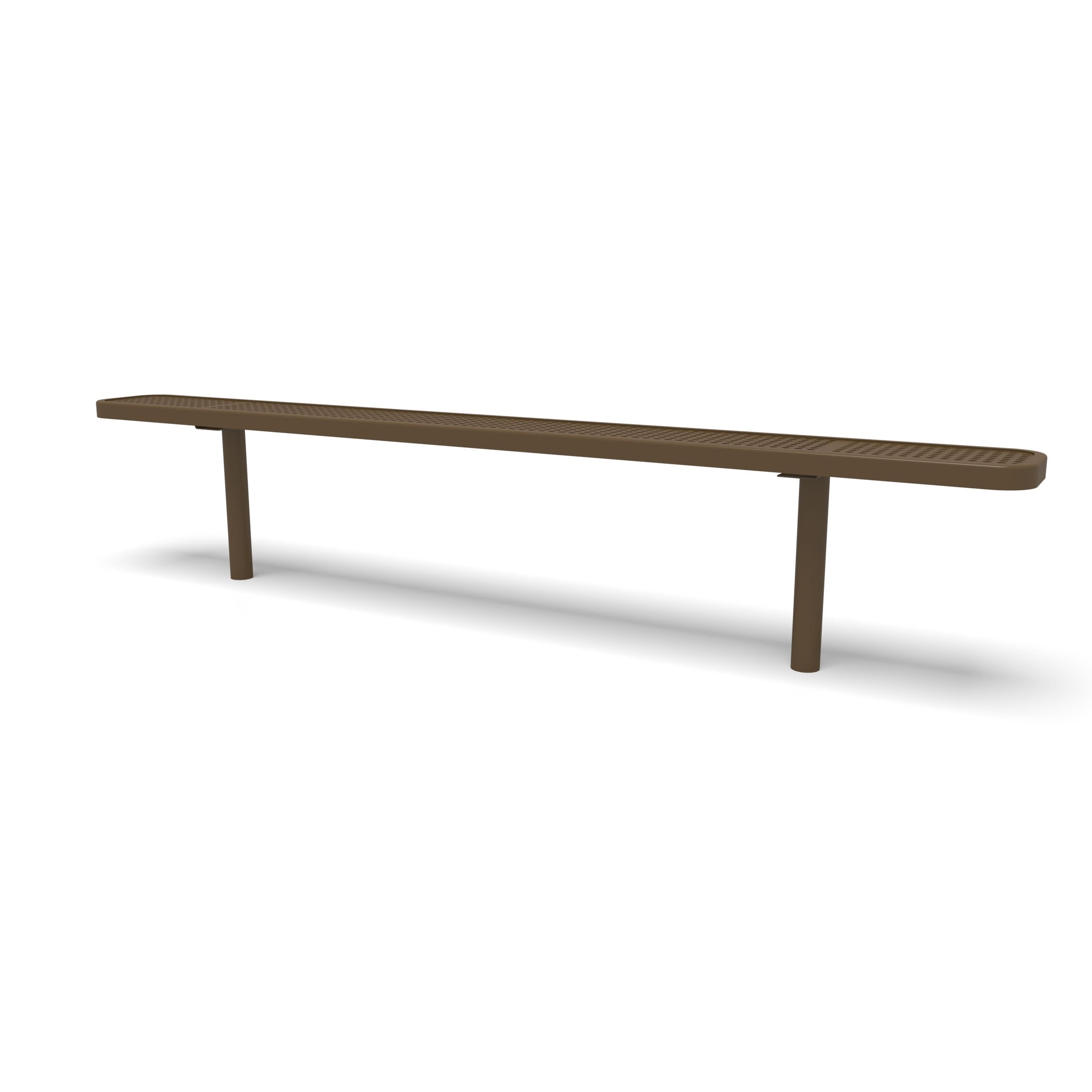 Brown Wabash Valley Signature Steel Backless Bench, Perforated, 8' Inground posts, solid brown, plastisol-coated steel, outdoor bench without back