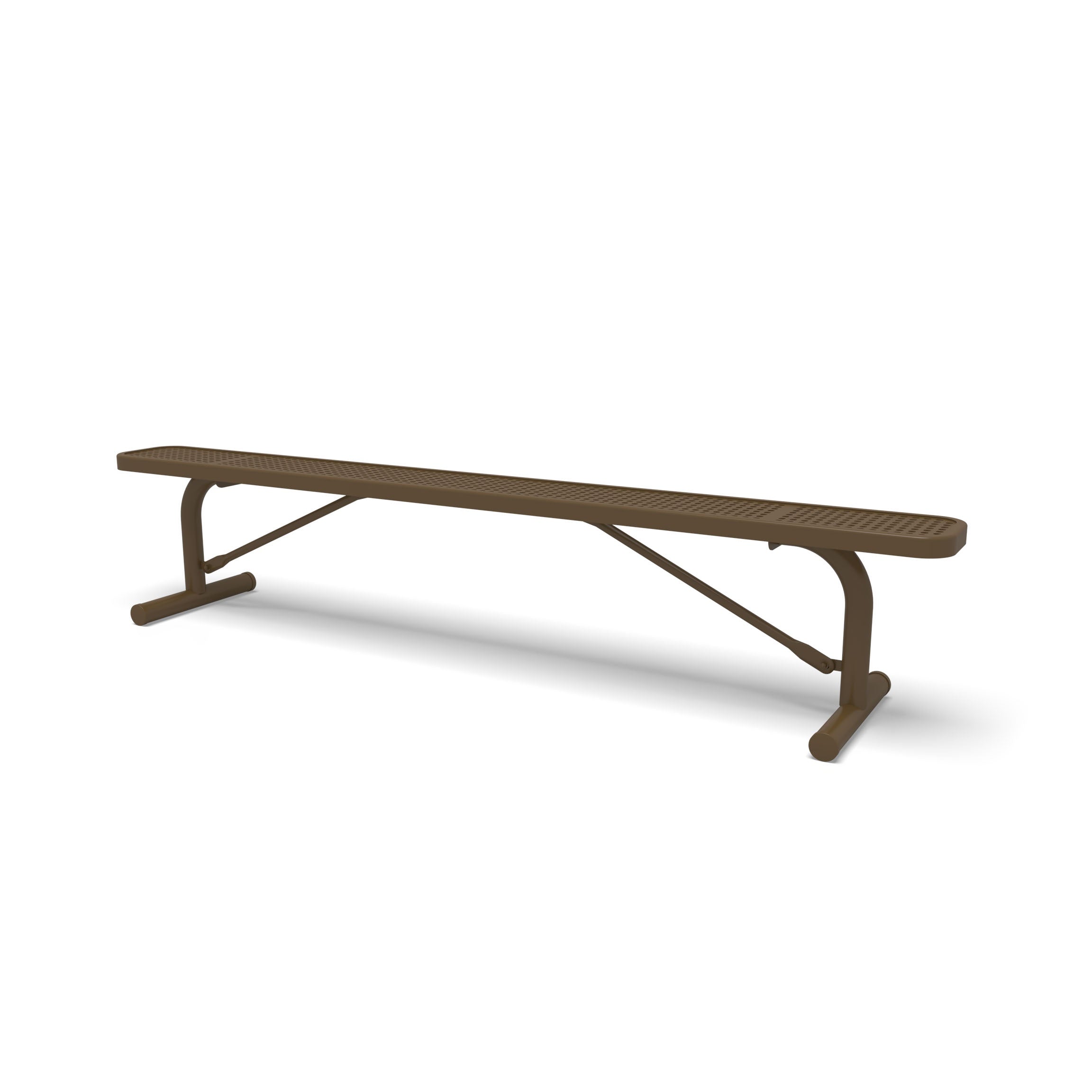 Brown Wabash Valley Signature Steel Backless Bench, Perforated, 8' Portable with braced legs, solid brown, plastisol-coated steel, 96 inch bench