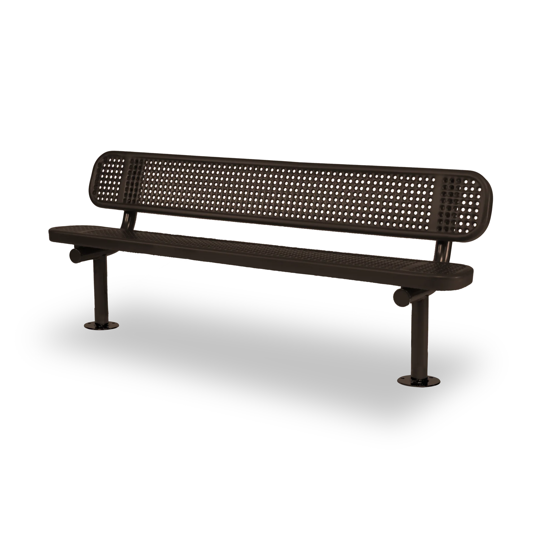 Brown Wabash Valley Signature Steel Bench, Perforated seat and back, Surface Mount base plates, outdoor metal bench