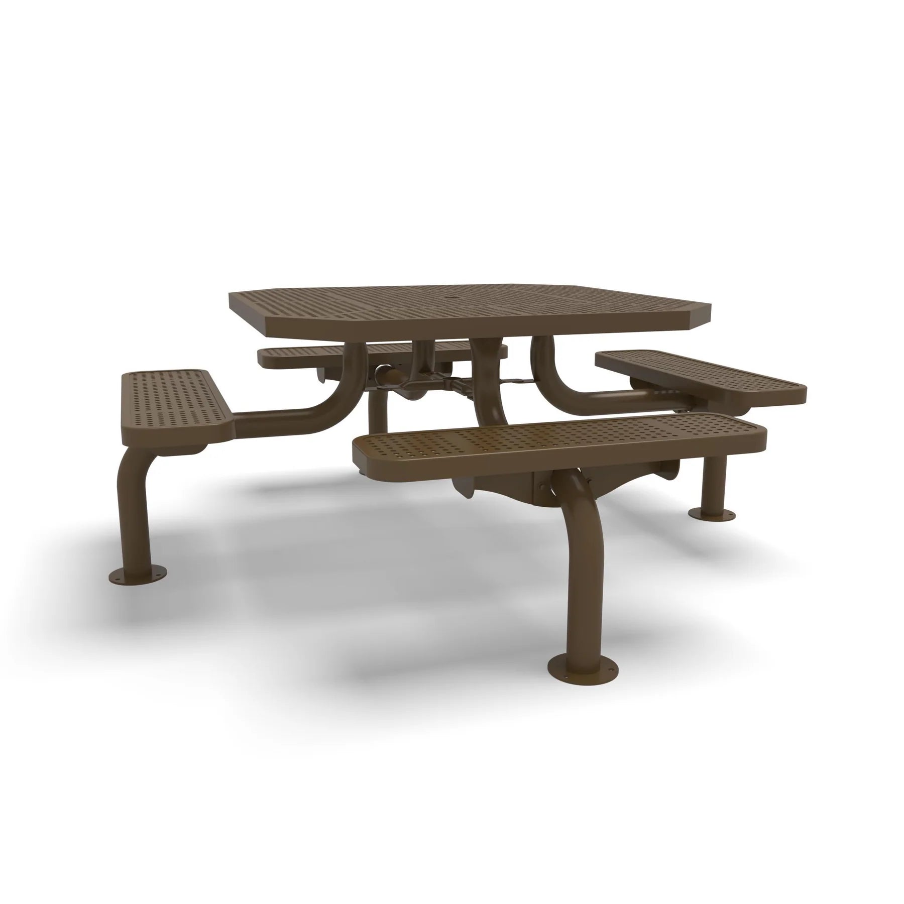 Brown Wabash Valley Spyder Octagon 46 inch Picnic Table, Perforated plastisol coated steel, 4 attached seats, model SY125P, octagon shaped picnic table