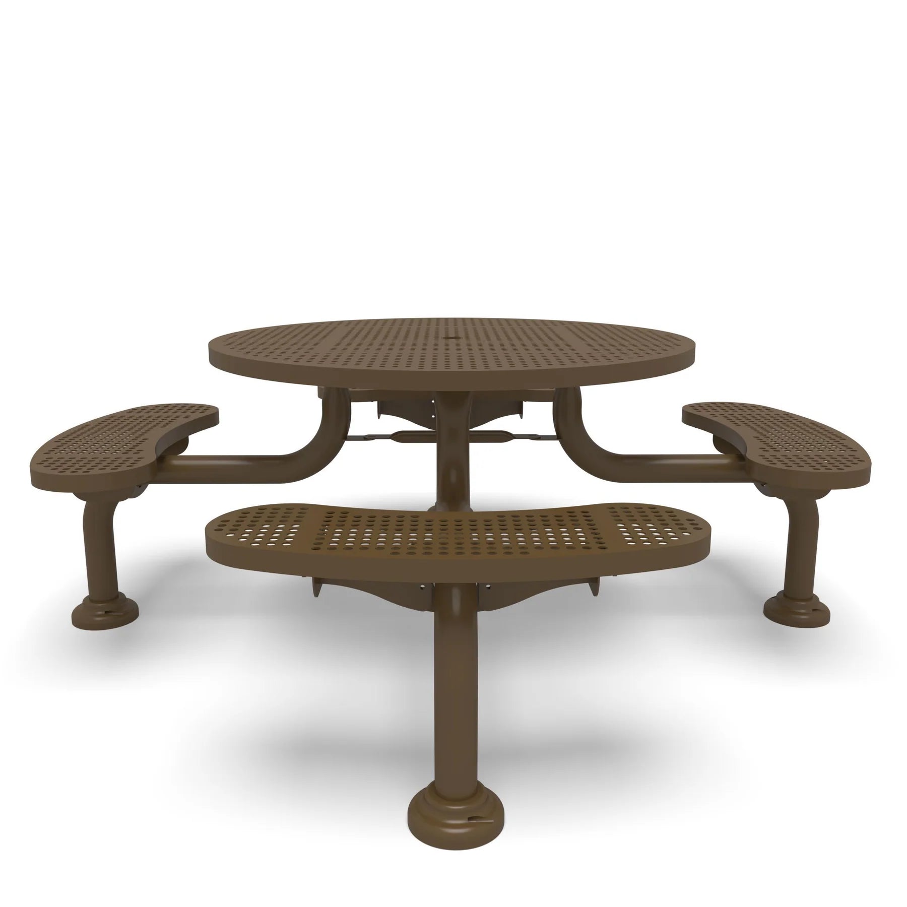 Brown Wabash Valley Spyder Round Picnic Table, Perforated plastisol coated steel, 4 attached seats, model SY110P, 46 inch round table