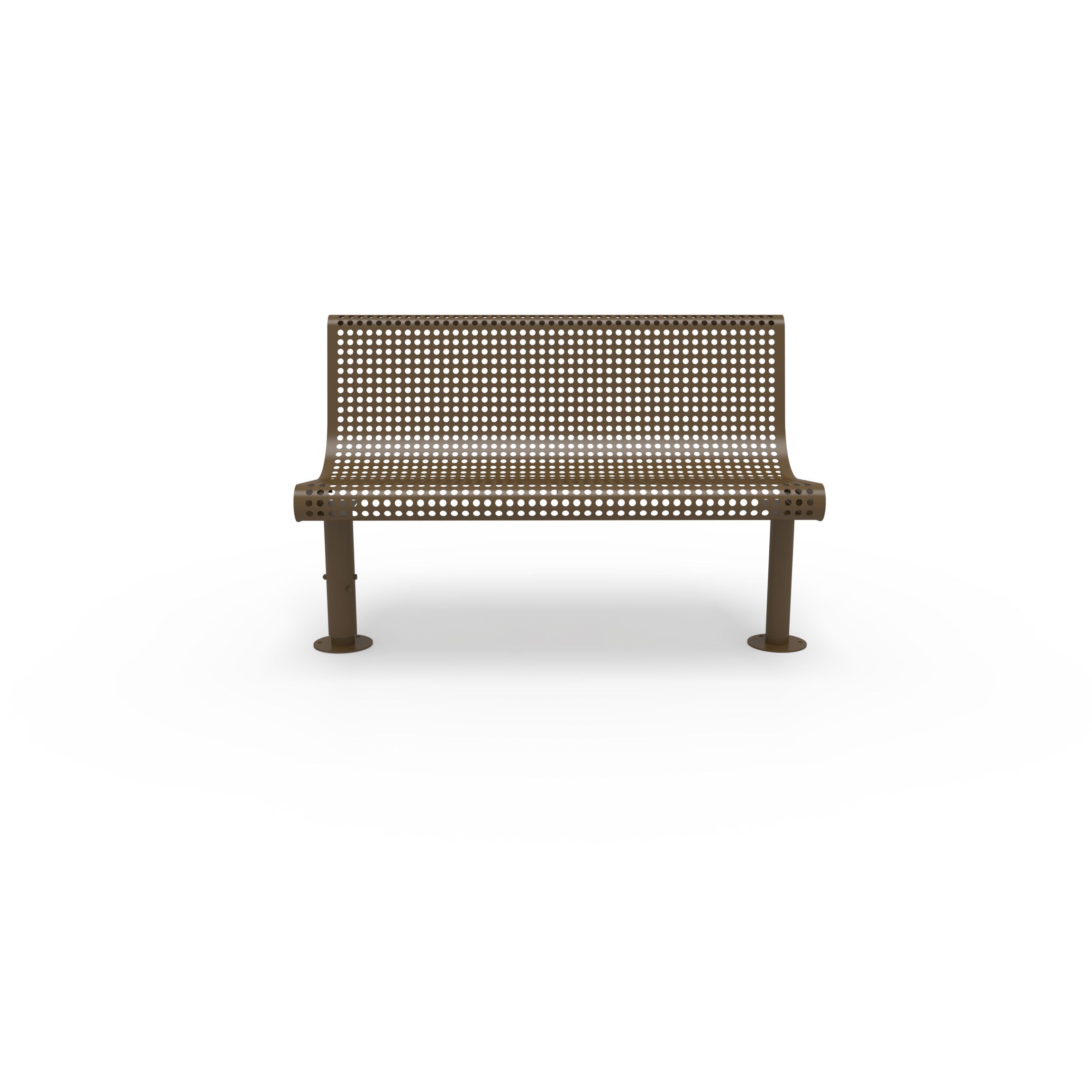 Brown Wabash Valley Steel Transit Bench, No Armrests, front view, 4 ft perforated steel seat and back on adjustable surface mount legs, model TR310P, municipal bench