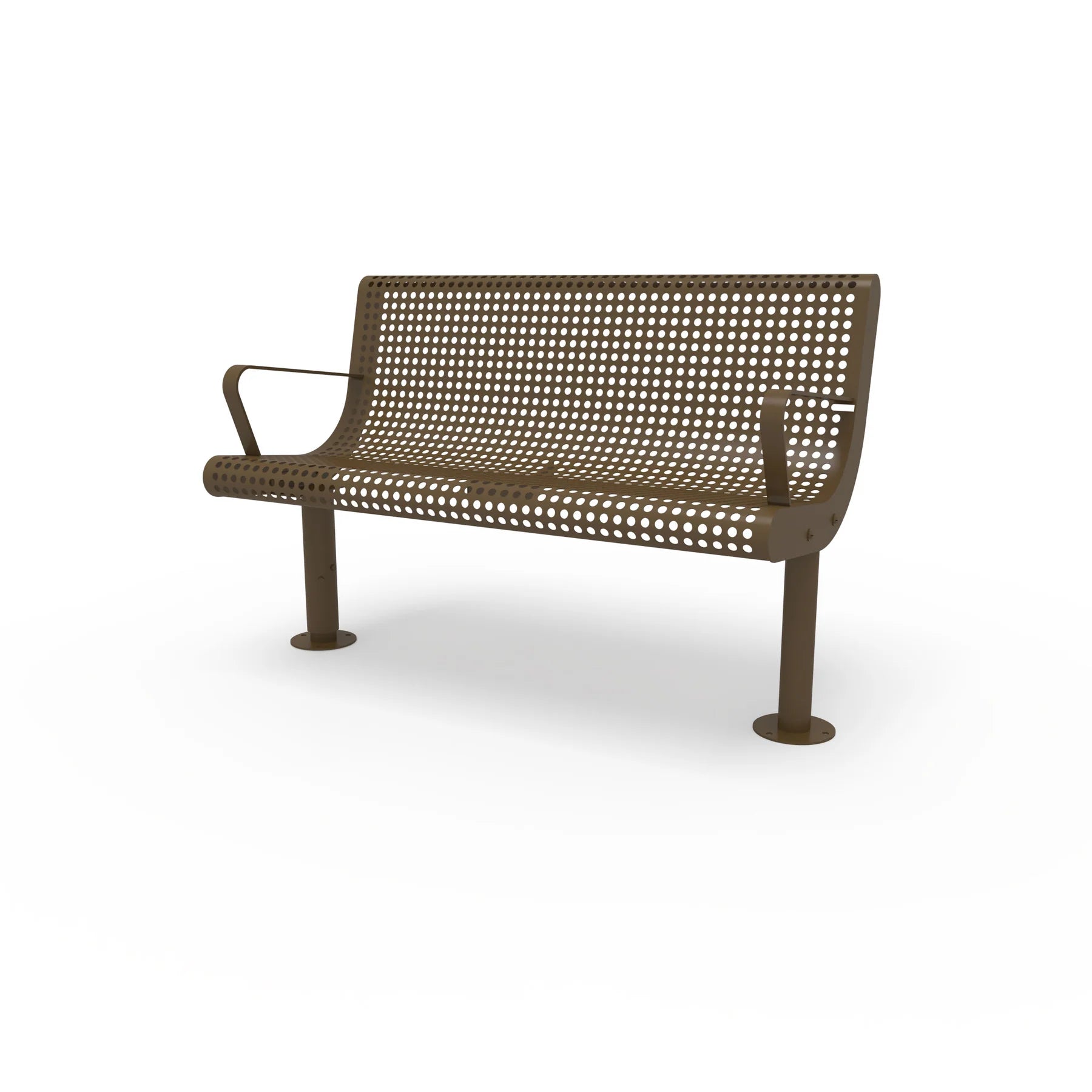 Brown Wabash Valley Steel Transit Bench, With Armrests, 4 ft perforated steel seat and back on adjustable surface mount legs, model TR300P, bus bench