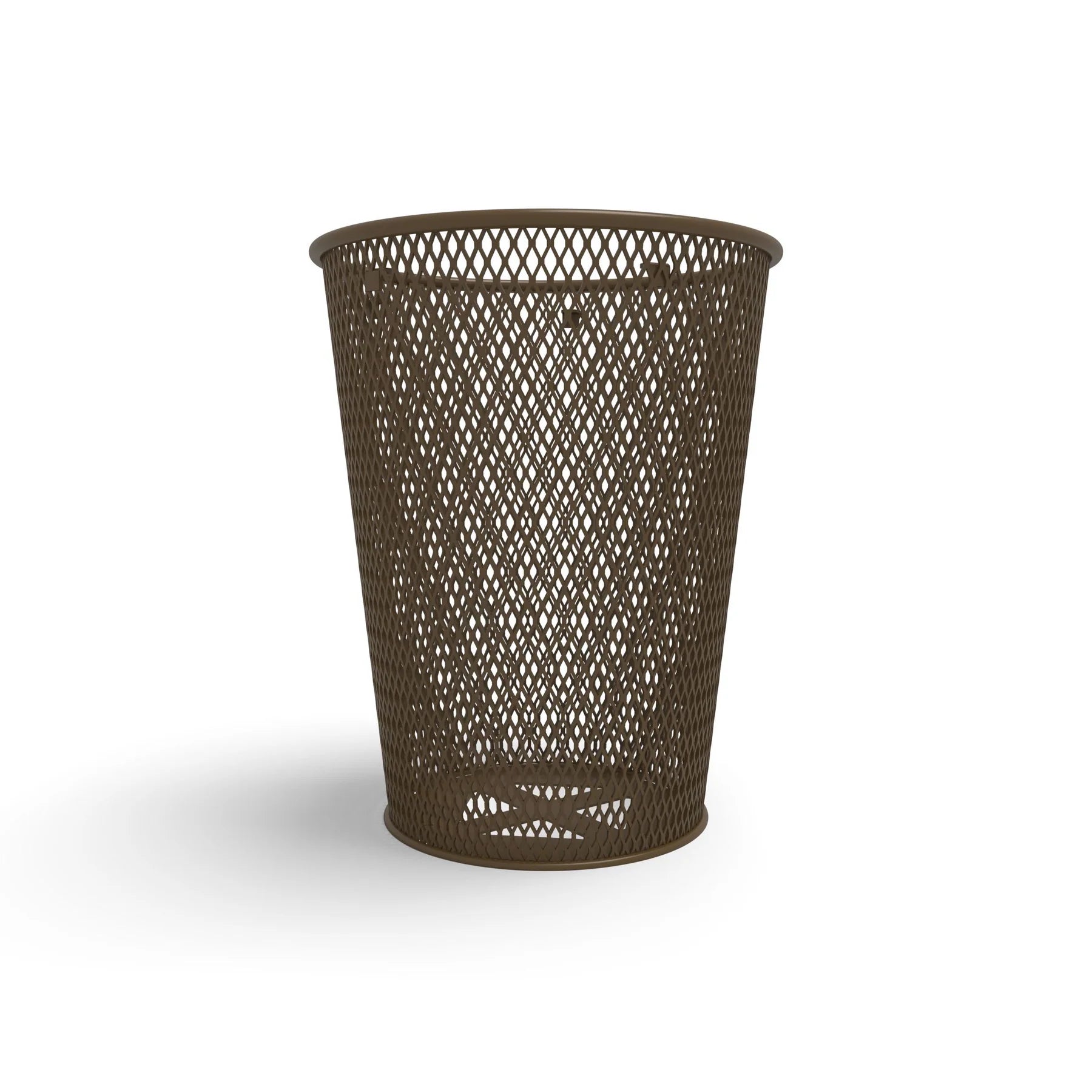 Brown Wabash Valley Tapered Trash Receptacle, tapered diamond expanded metal body, plastisol coated, model LR350D, city trash can