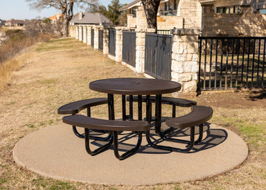 Brown MyTCoat Round Portable Picnic Table Lifestyle Image with Neighborhood Background