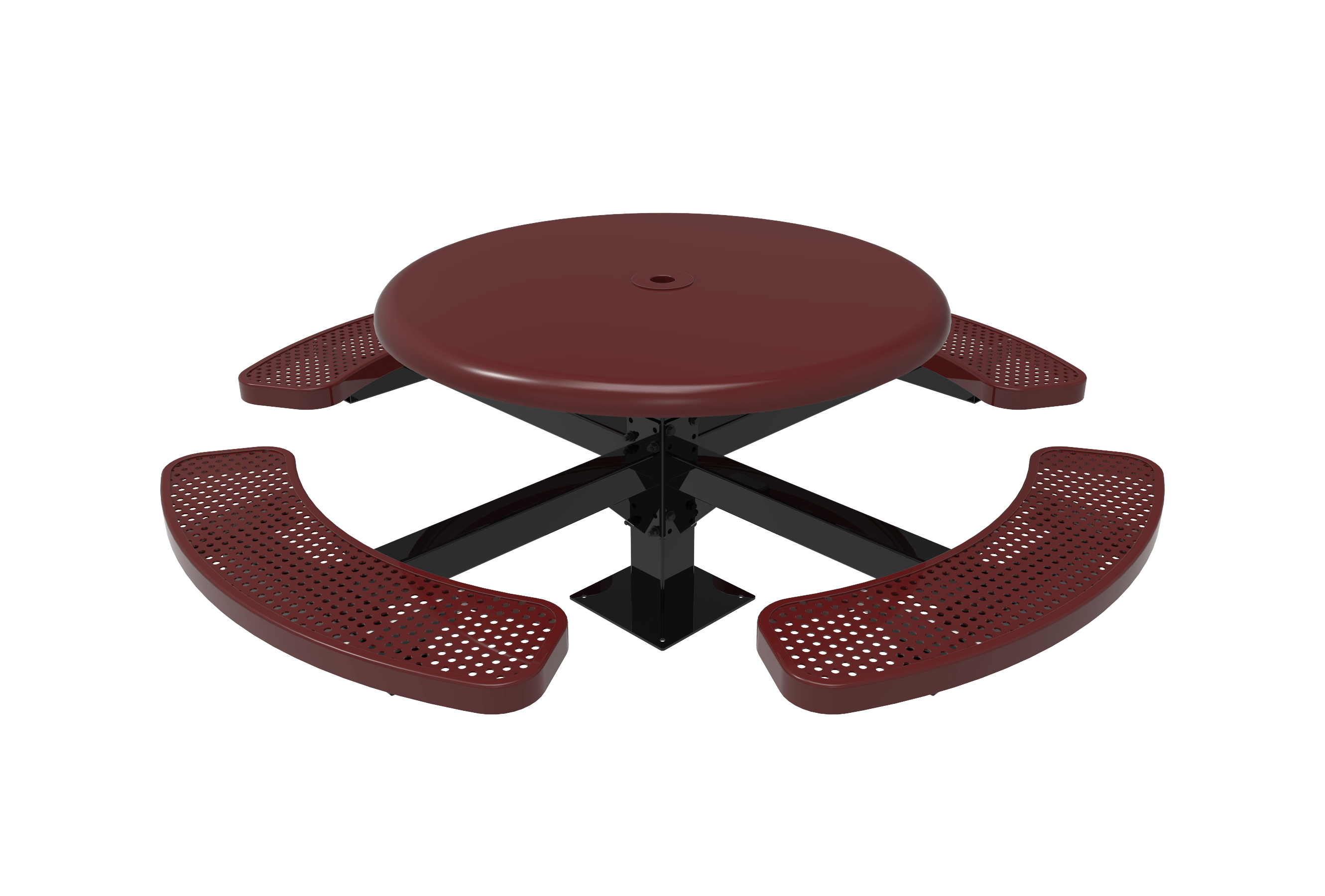 Burgundy MyTCoat Round Solid Top Pedestal Picnic Table 4 Seat Surface Mount Studio Image