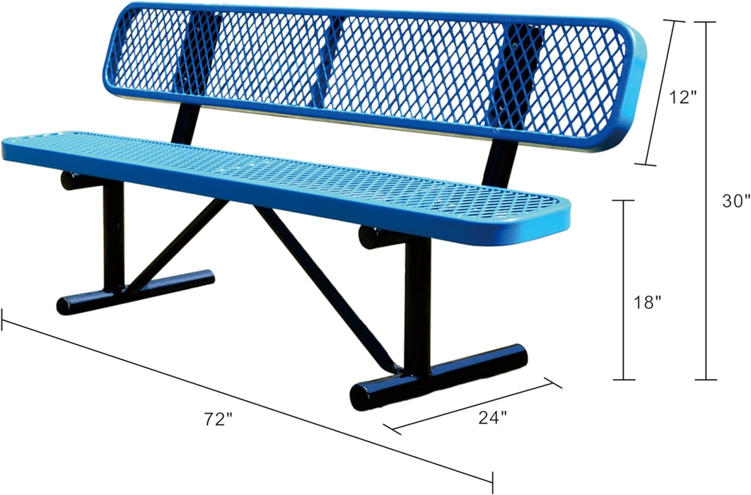 6' Park Bench w/Backrest, Outdoor Steel Bench, Expanded Metal (Blue)