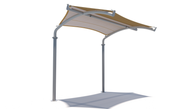  USA Shade Cantilever Arch Walkway with brown canopy and gray pole on a white background