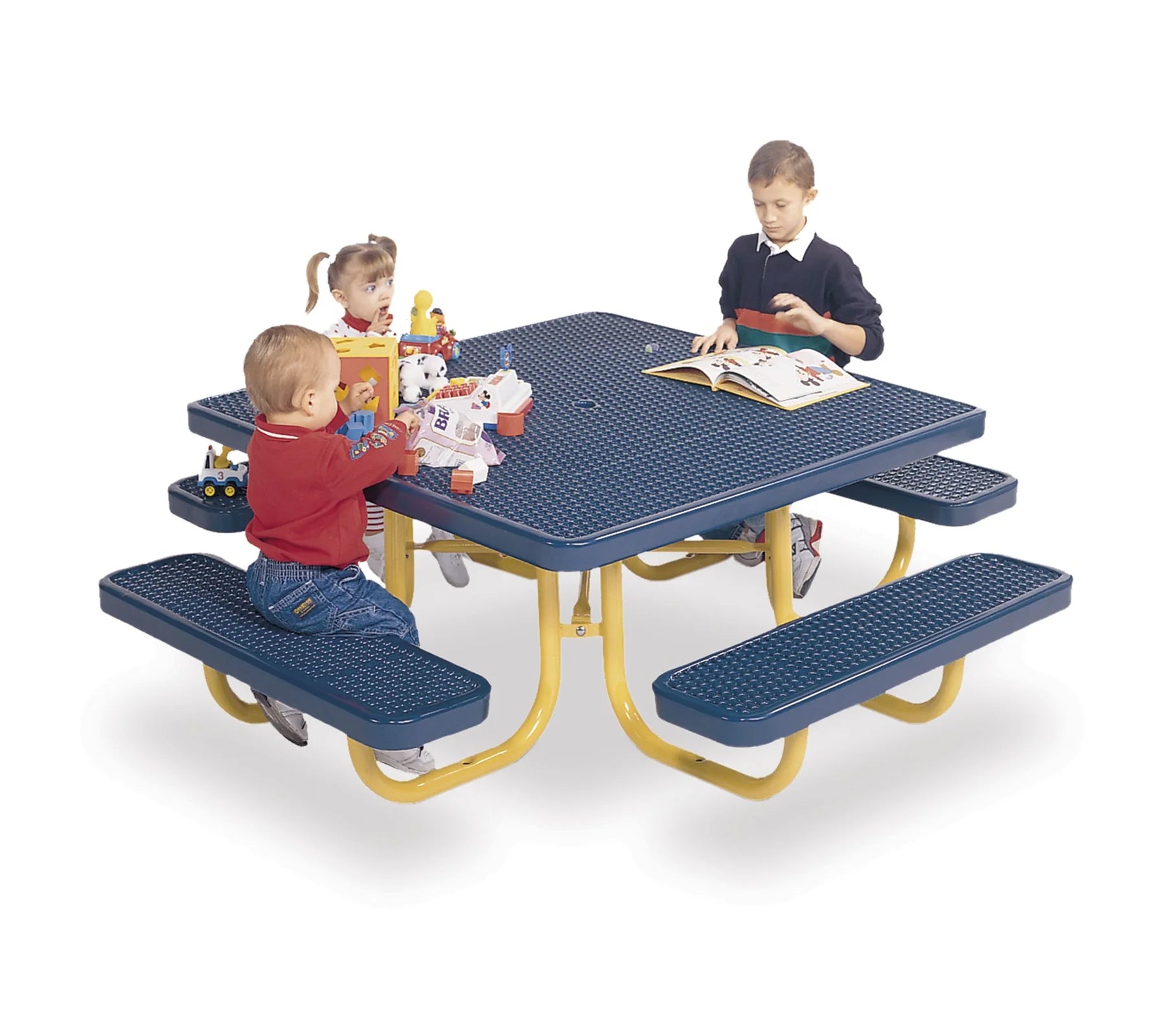 Three children playing at a Wabash Valley Children's Signature Square Diamond Metal Portable Picnic Table with a blue top on a yellow frame, a kids size playground picnic table