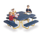 Three children playing at a Wabash Valley Children's Signature Square Diamond Metal Portable Picnic Table with a blue top on a yellow frame, a kids size playground picnic table