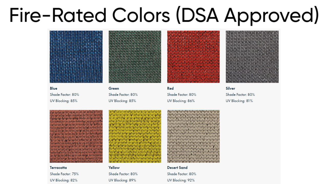 Fire-rated Shade color swatches with DSA approval labels on a white background