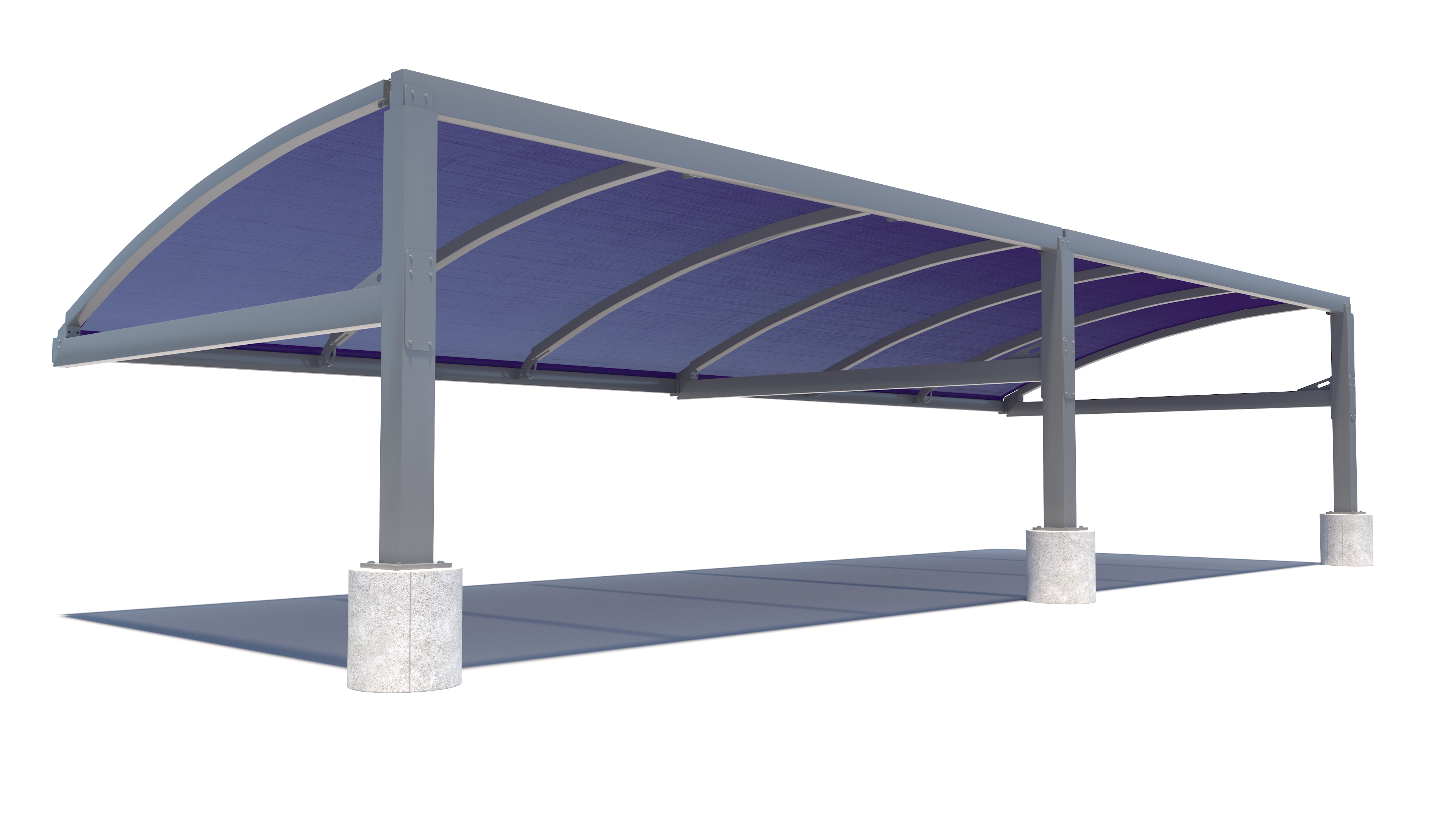 USA Shade Full Arch Cantilever joined variation with blue roof and metal frame on a white background