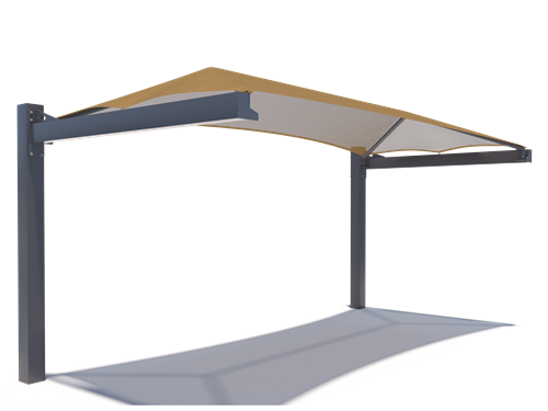 Corner USA Shade Full Hip Cantilever Shade with beige roof and dark gray base on a white background