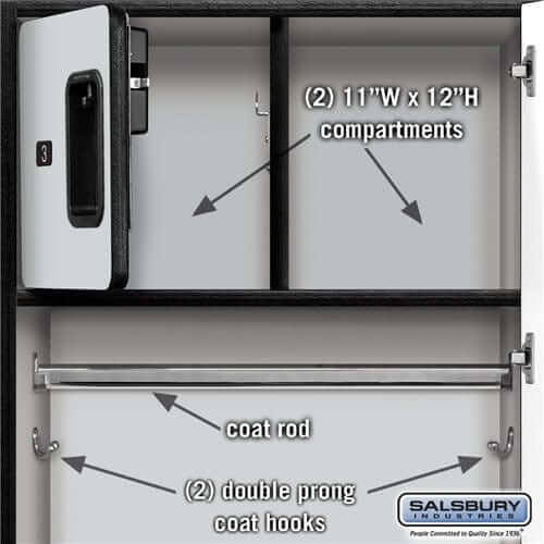 Gray Salsbury Designer Wooden Gear Locker Dimensions and Coat Hanging Options.