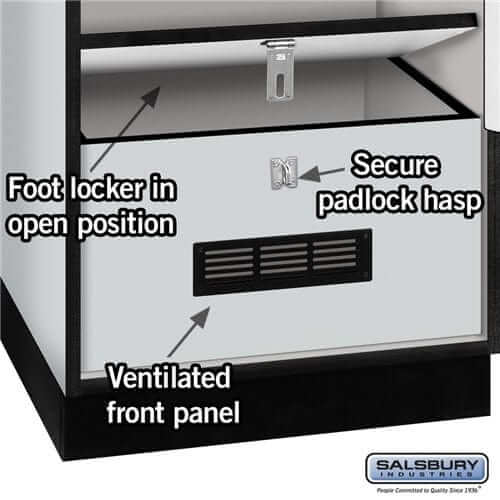 Gray Salsbury Designer Wooden Gear Locker Features Photo with ventilation, secure lock hasp, and Foot locker Open.