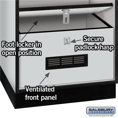 Gray Salsbury Designer Wooden Open Gear Locker Features Photo with ventilation padlock hasp and Foot Locker