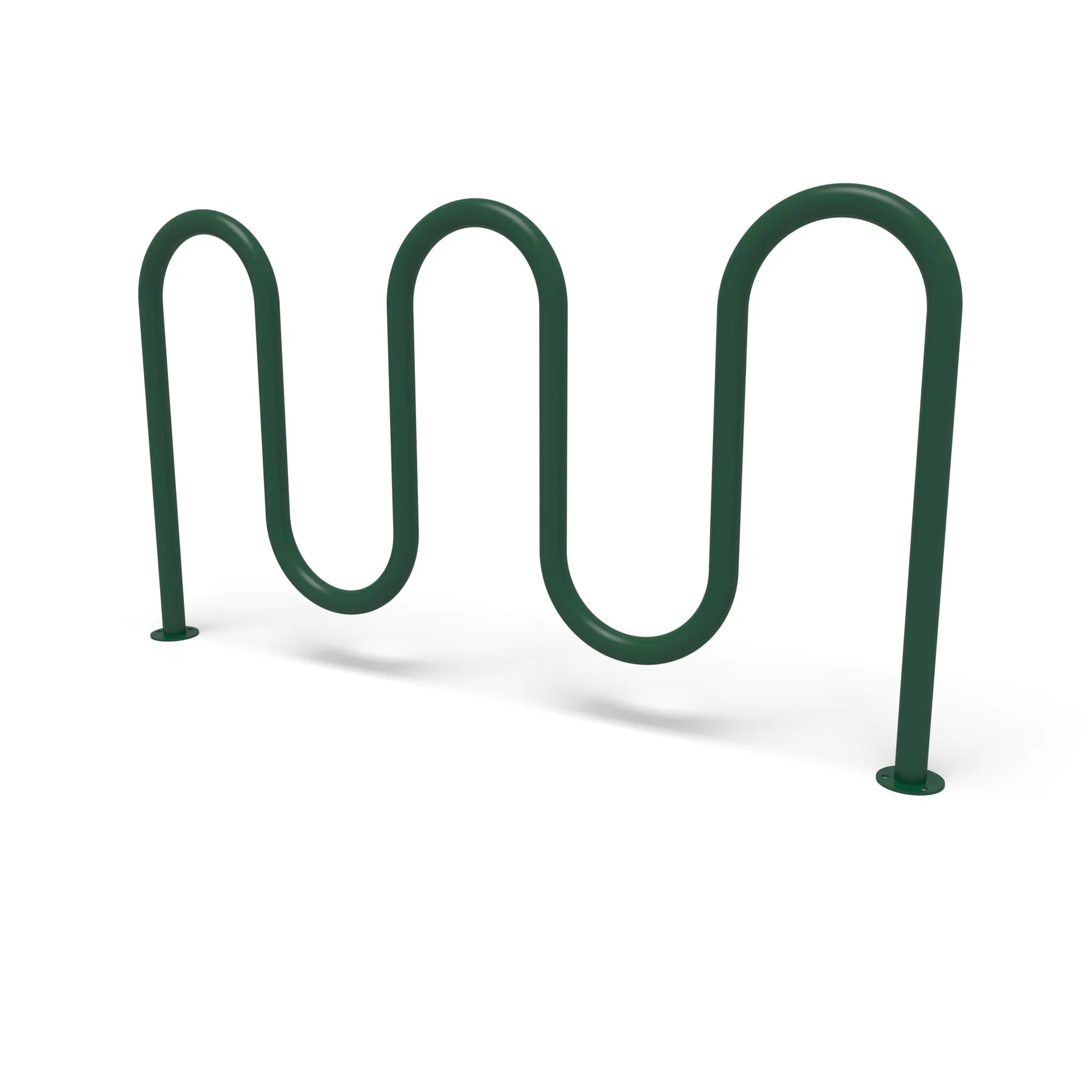 Green Wabash Valley 7 Bike Serpentine Rack, 5 loops on surface mount base plates, model BRK534S, powder coated steel bike rack for sidewalk
