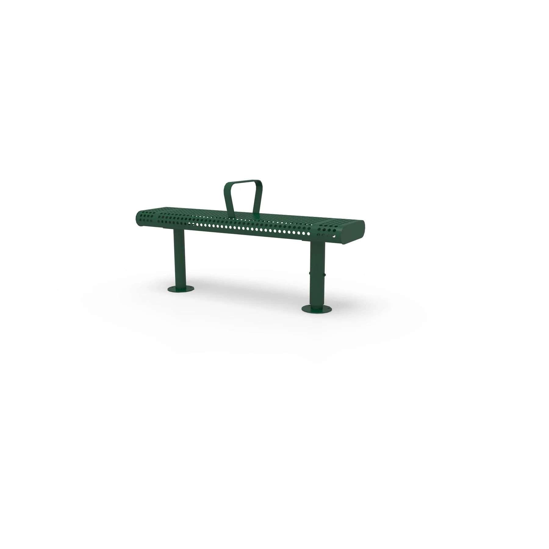 Green Wabash Valley Backless Transit Bench, 1 Armrest, 4 ft perforated steel seat on adjustable surface mount legs, model TR201P, street bench