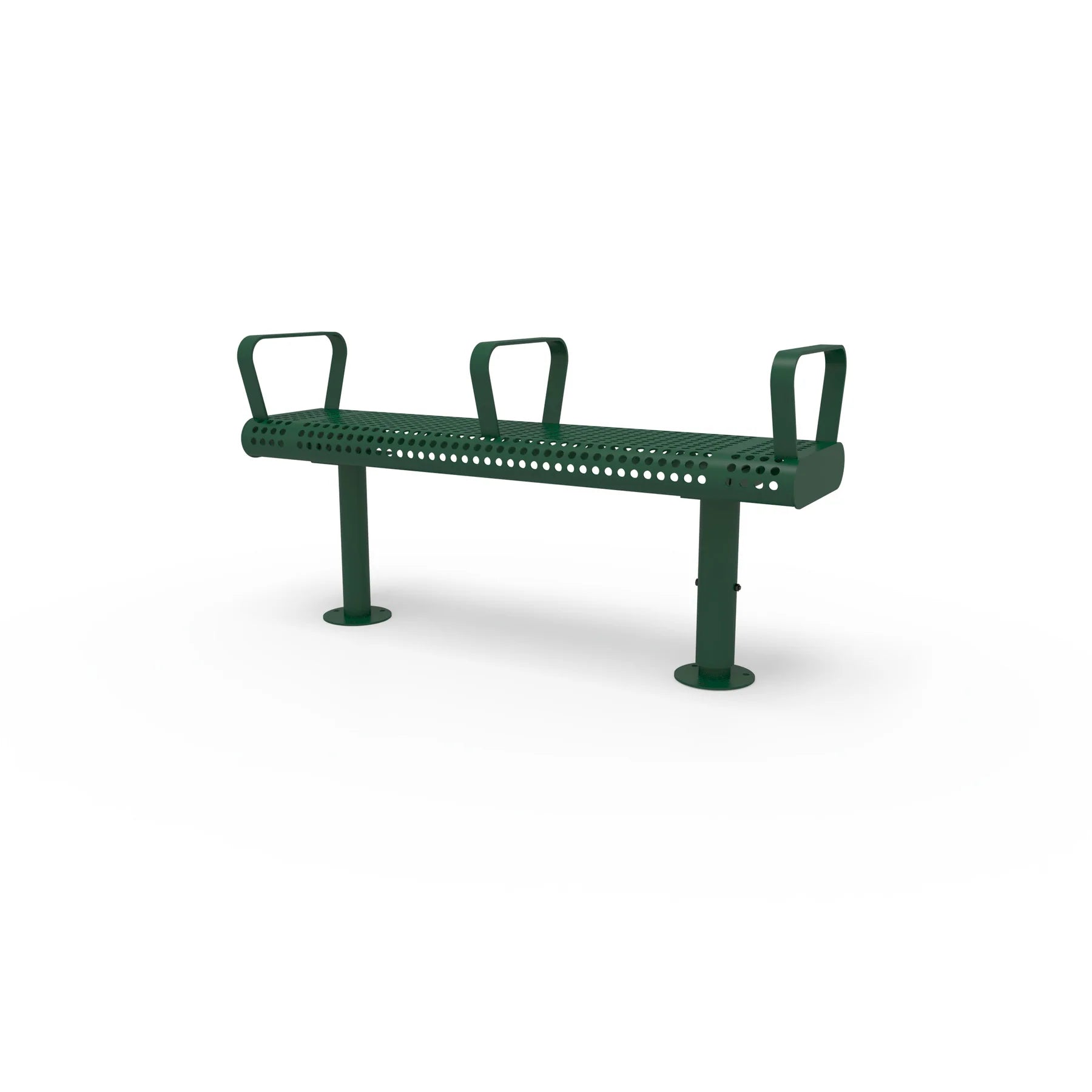 Green Wabash Valley Backless Transit Bench, 3 Armrests, 4 ft perforated steel seat on adjustable surface mount legs, model TR202P, bus stop bench