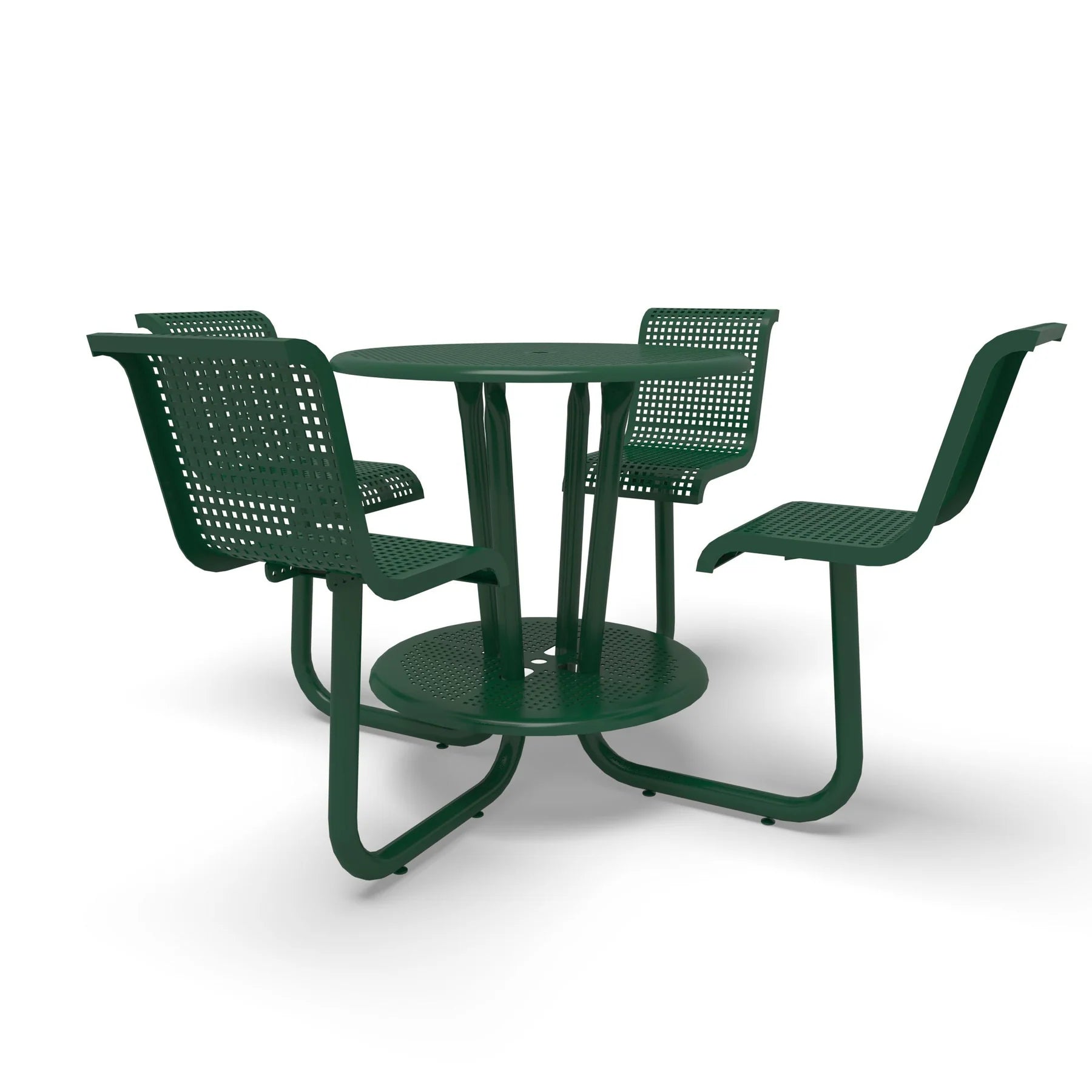 Green Wabash Valley Camino Round Bar Height Table, perforated plastisol top at bar height, four seats with backs, foot ring, portable, model CM225Q, bar height picnic table