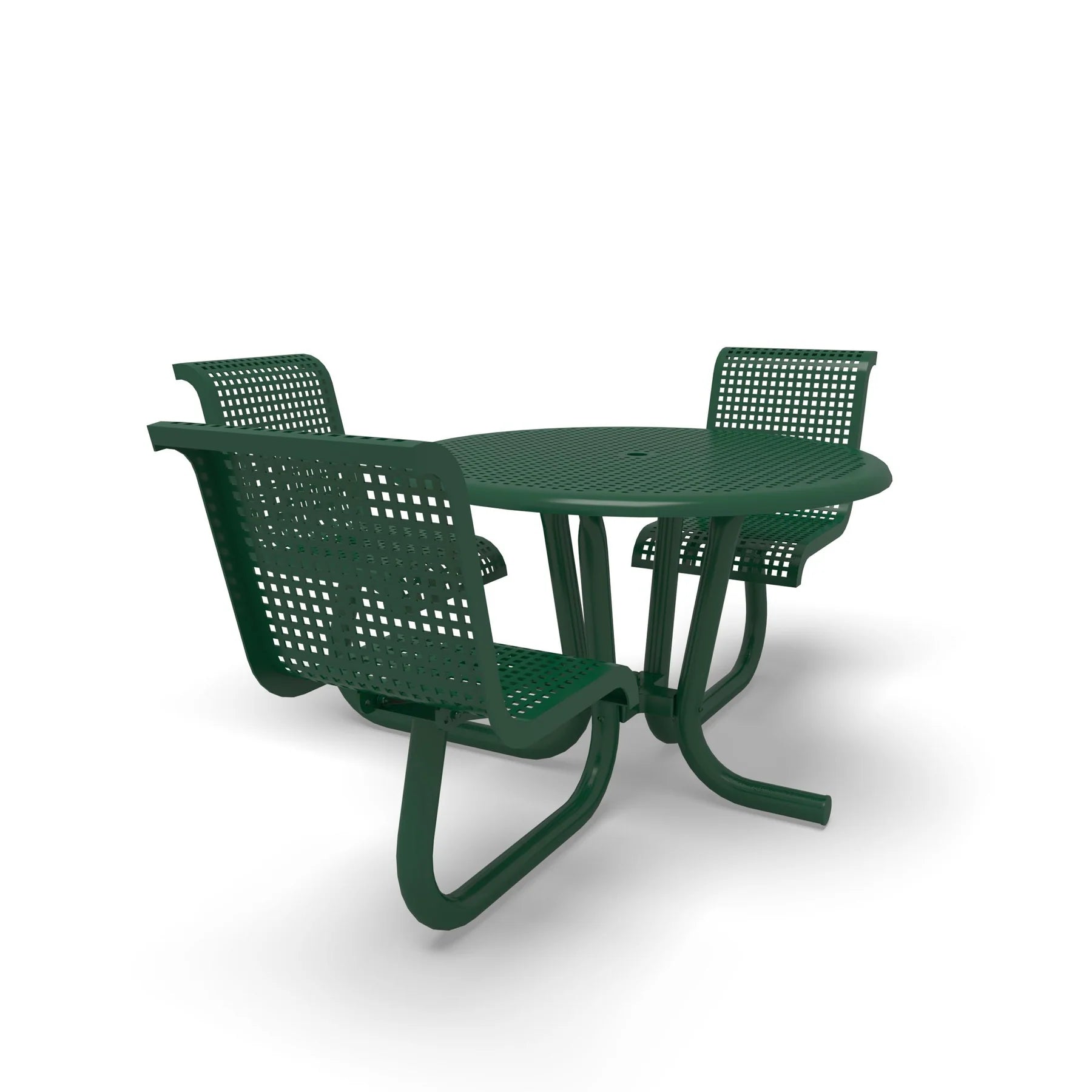 Green Wabash Valley Camino Round Dining Table, ADA Accessible, perforated plastisol top, three seats with backs, wheelchair side, surface mount, model CM230Q, outdoor round dining table