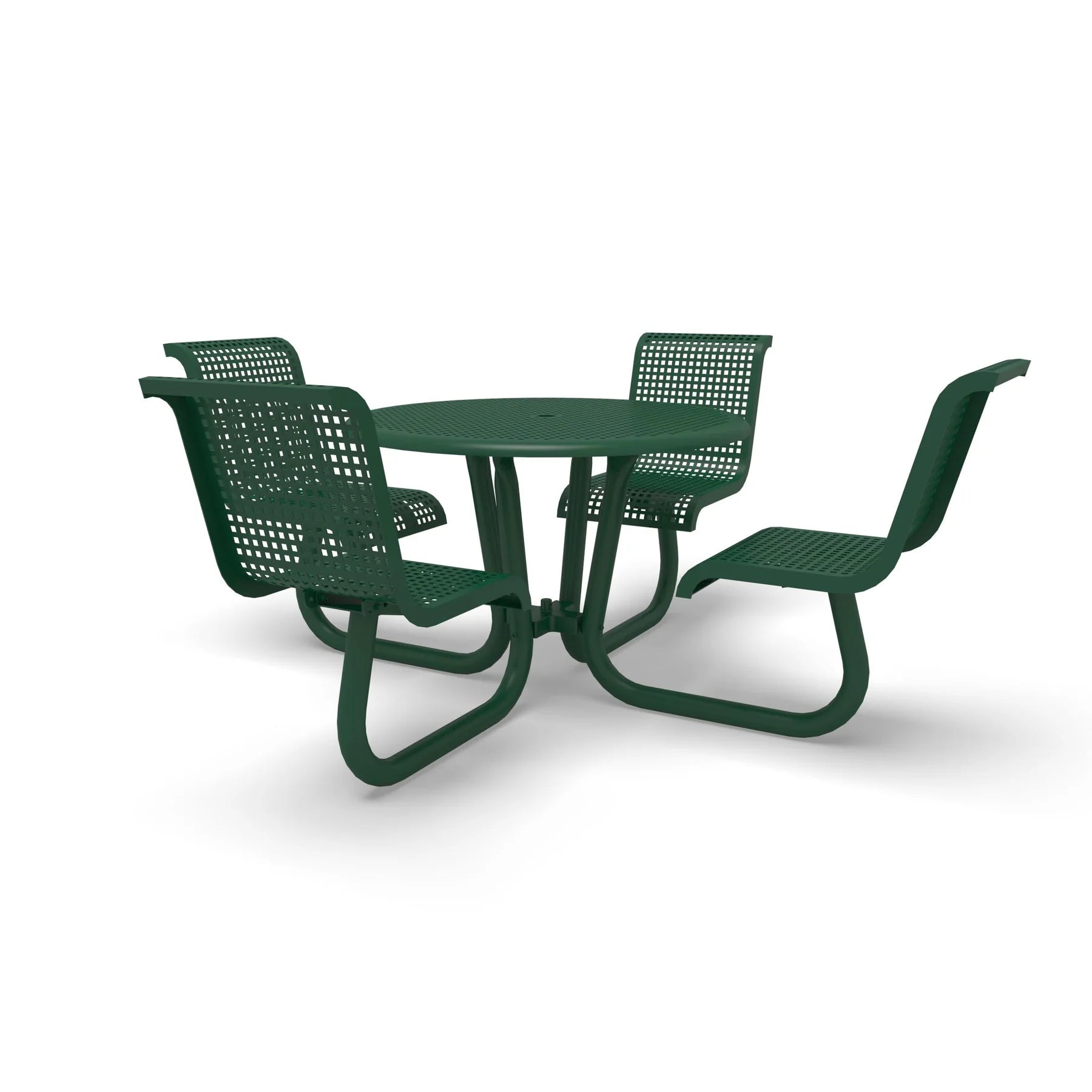 Green Wabash Valley Camino Round Dining Table, Standard, perforated plastisol top, four seats with backs, portable, model CM221Q, table with attached chairs
