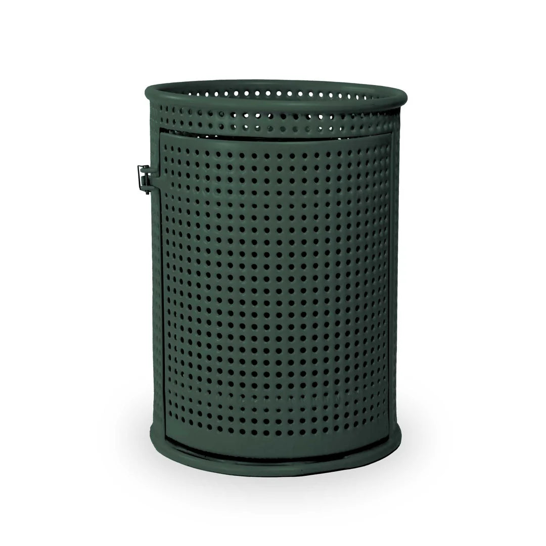 Green Wabash Valley Commercial Trash Receptacle w/ Side Opening, perforated body with a side door, plastisol coated, model LR305P, trash can with door