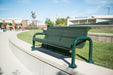 Green Wabash Valley Contemporary Perforated Steel Bench CN420P Surface Mount on a ballpark plaza ledge, 6 foot park bench with back and arms
