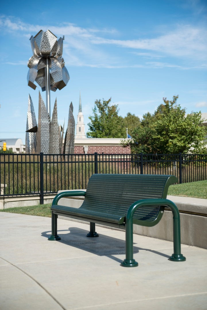 Green Wabash Valley Contemporary Perforated Steel Bench CN420P Surface Mount beside public art, contemporary park bench with perforated seat and back