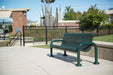 Green Wabash Valley Contemporary Perforated Steel Bench CN420P Surface Mount at a park entrance plaza, steel park bench anchored to concrete