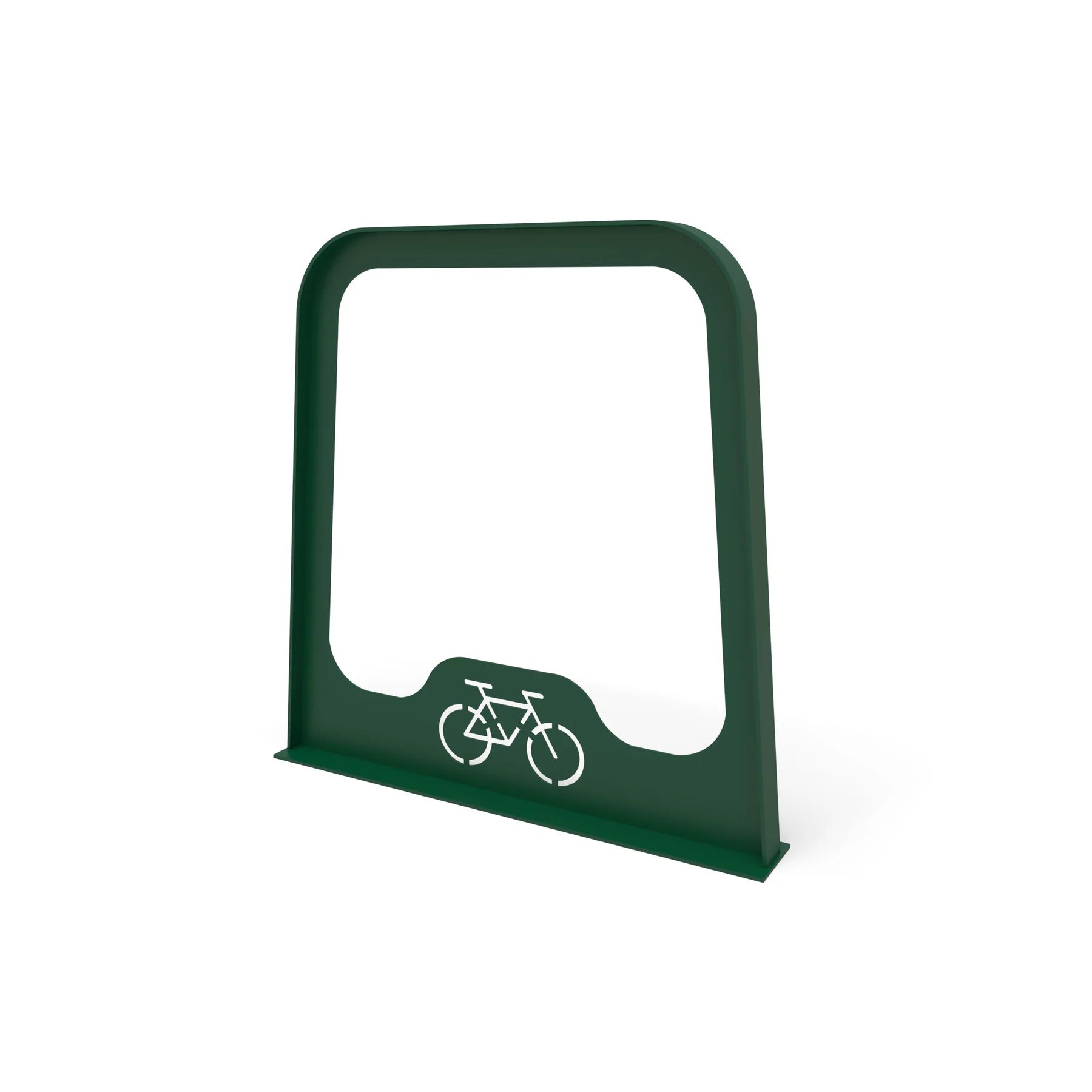 Angled view of a Green Wabash Valley Designer bike rack, bike rack design with rounded corners and an open centre cutout