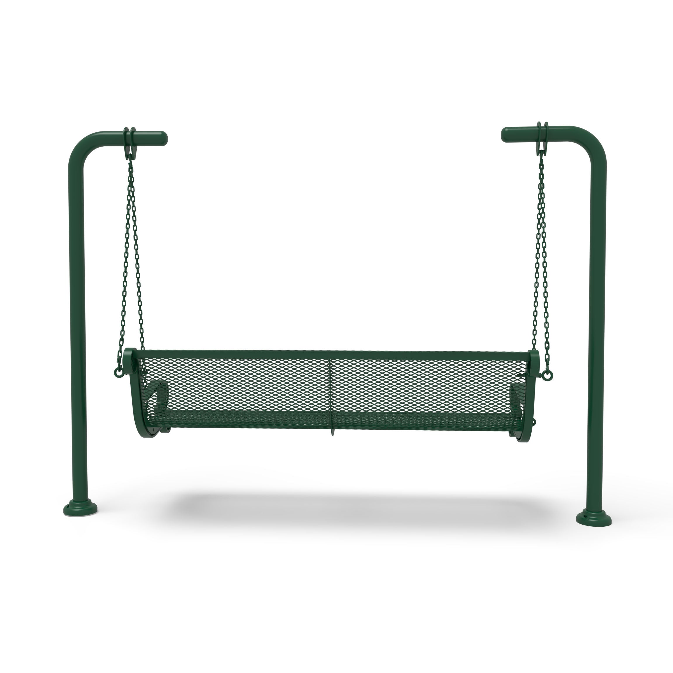 Green Wabash Valley Estate Diamond Swing Bench, back view, plastisol-coated steel seat on inground posts, metal swing bench