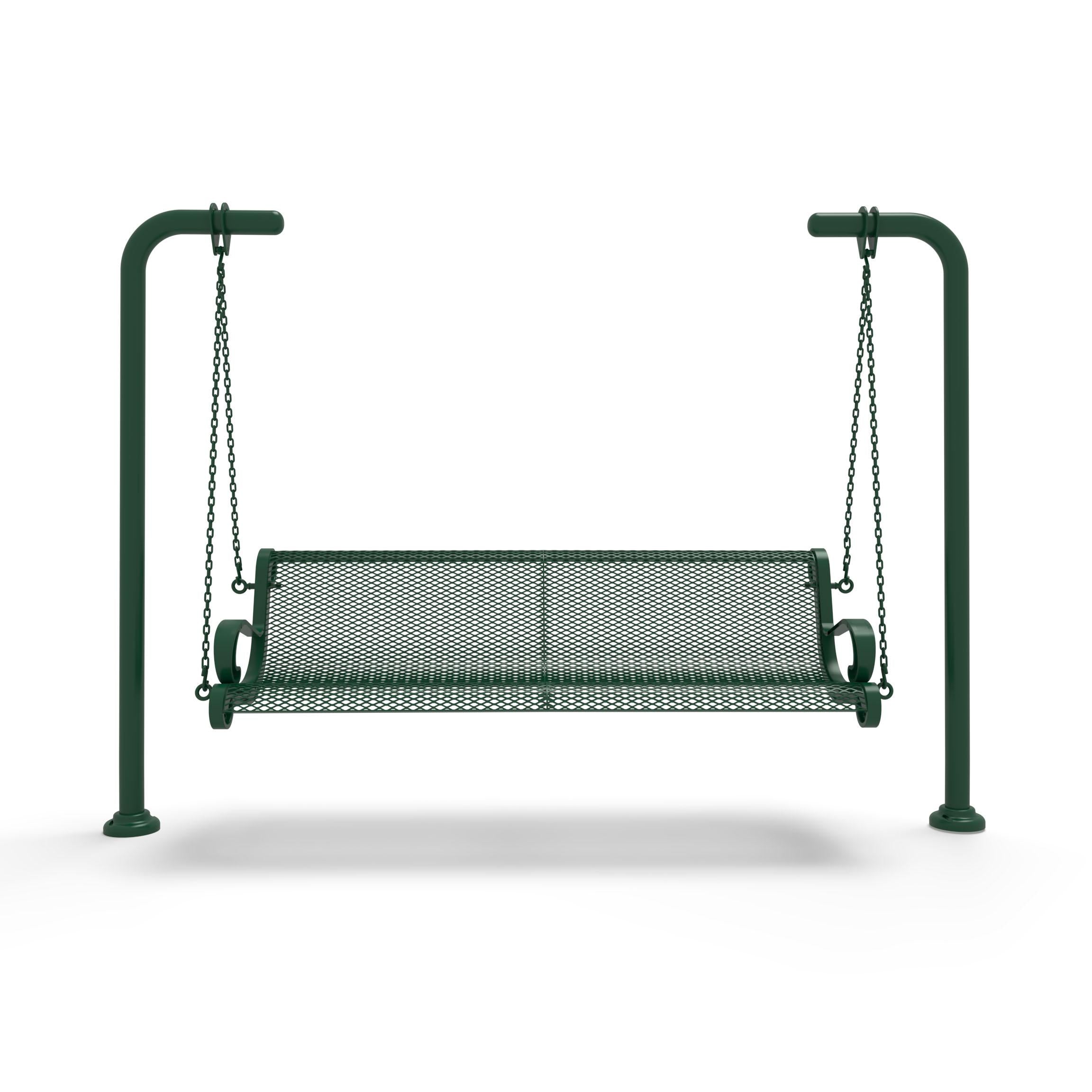 Green Wabash Valley Estate Diamond Swing Bench, front view, plastisol-coated steel seat on inground posts, heavy duty swing frame set in concrete