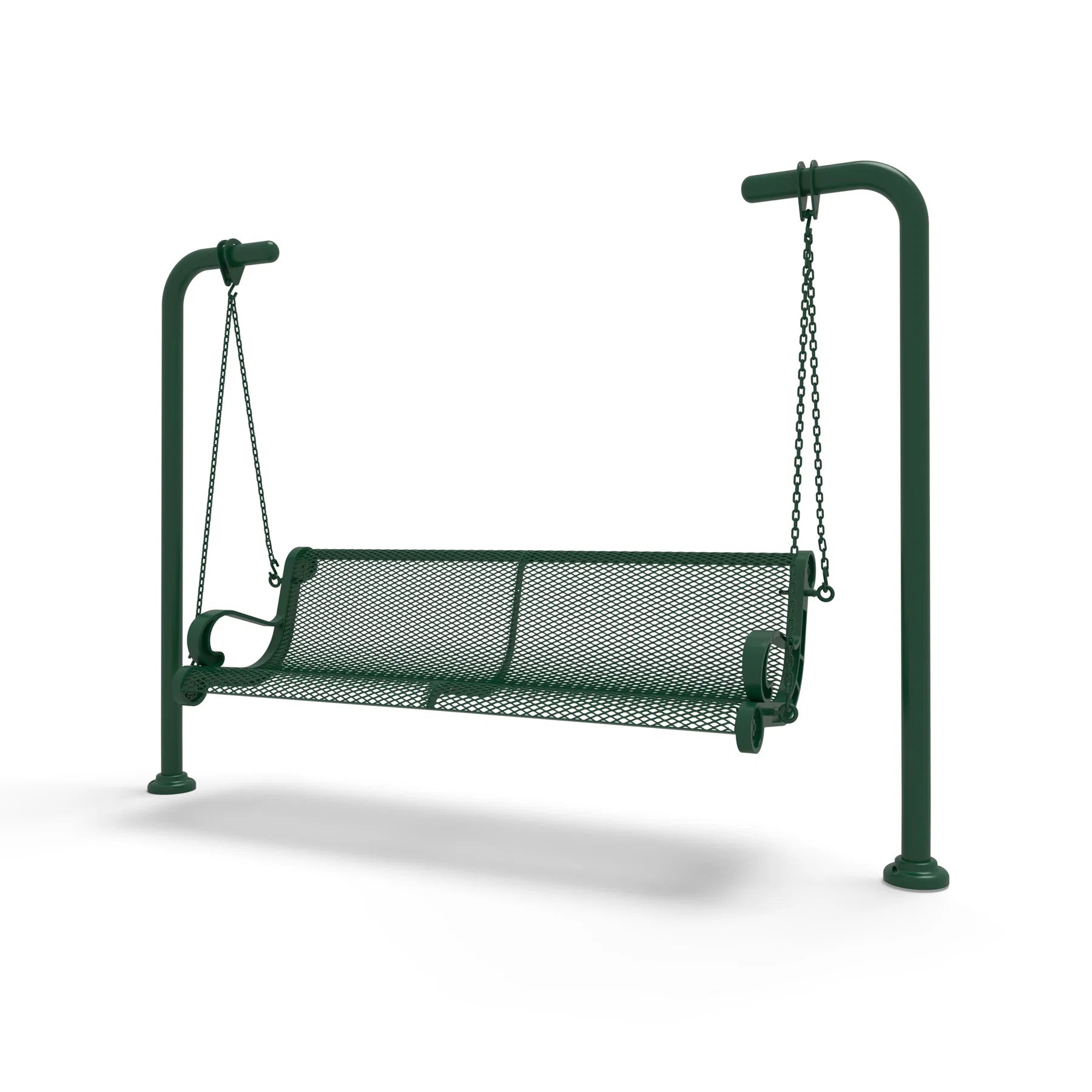 Green Wabash Valley Estate Diamond Swing Bench, plastisol-coated steel seat on inground posts, hanging bench swing on chains