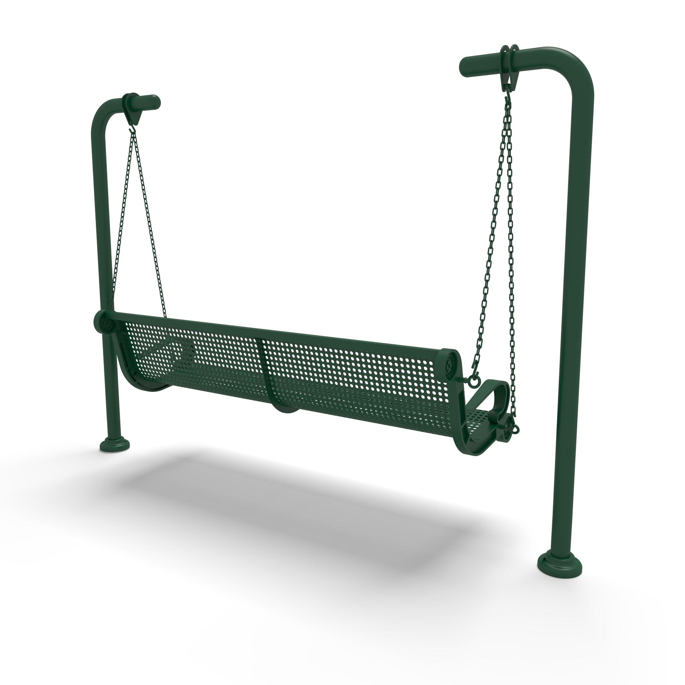 Green Wabash Valley Estate Perforated Swing Bench, back side angle, plastisol-coated steel seat on inground posts, garden swing bench