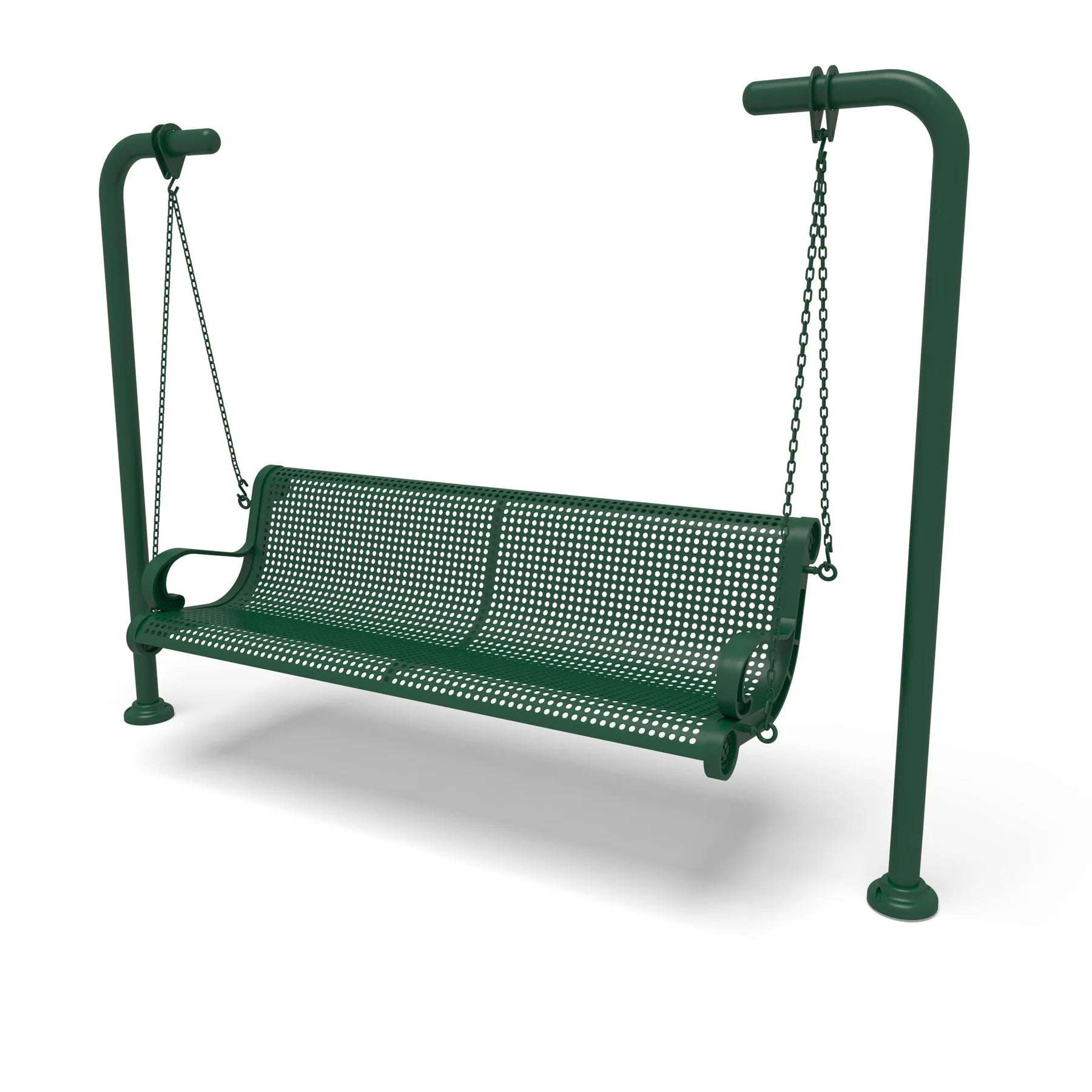 Green Wabash Valley Estate Perforated Swing Bench, plastisol-coated steel seat on inground posts, heavy duty swing frame set in concrete